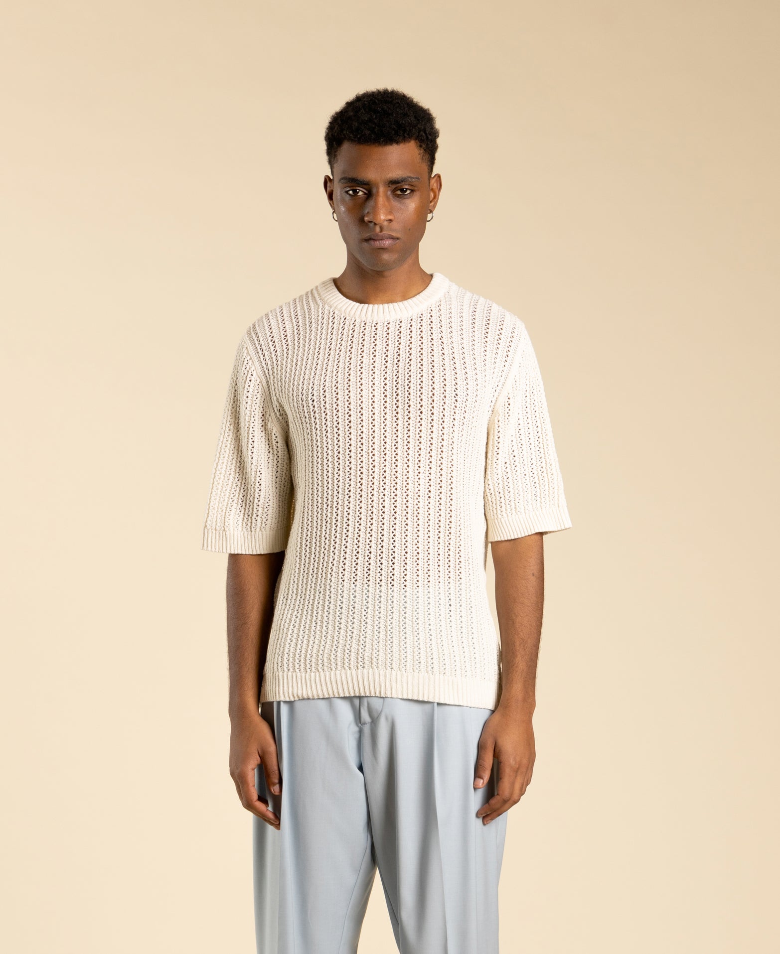 Pull en coton à col rond perforé - Crème
