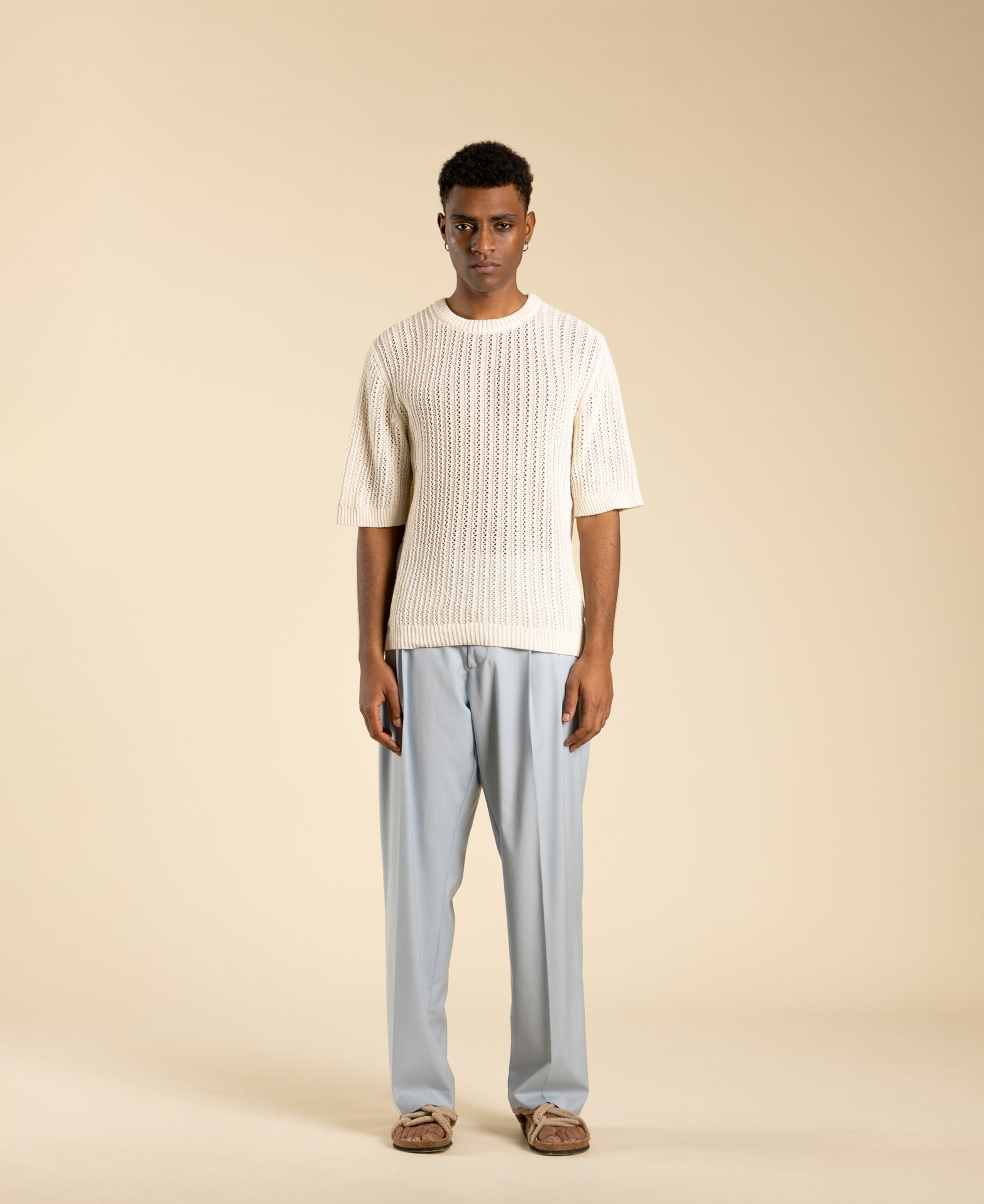 Pull en coton à col rond perforé - Crème