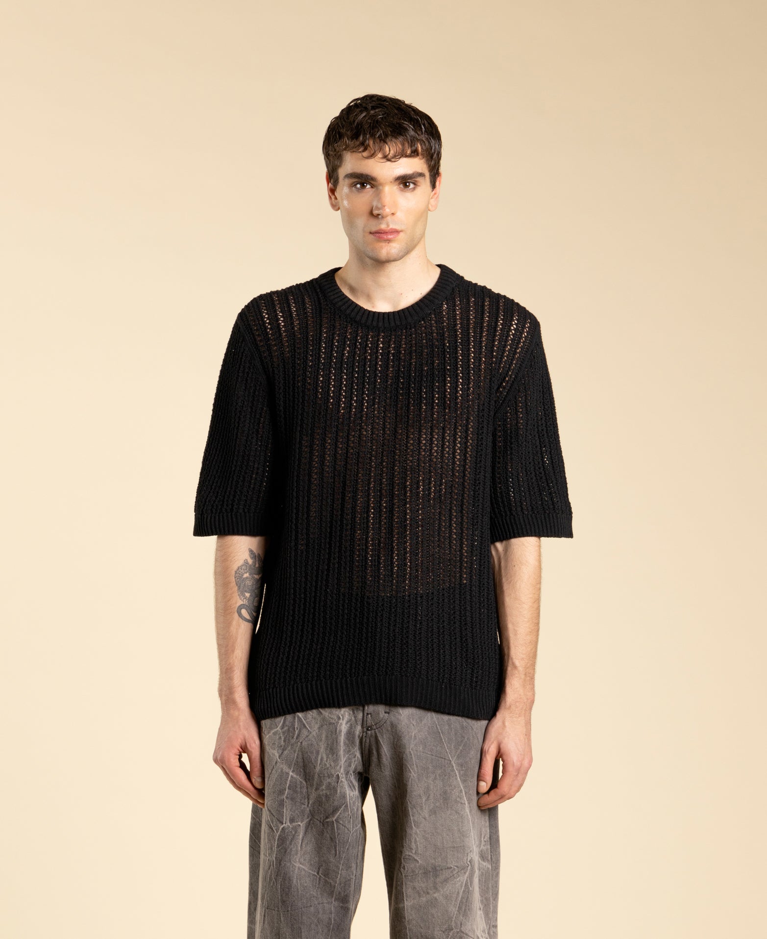 Pull en coton à col rond perforé - Noir