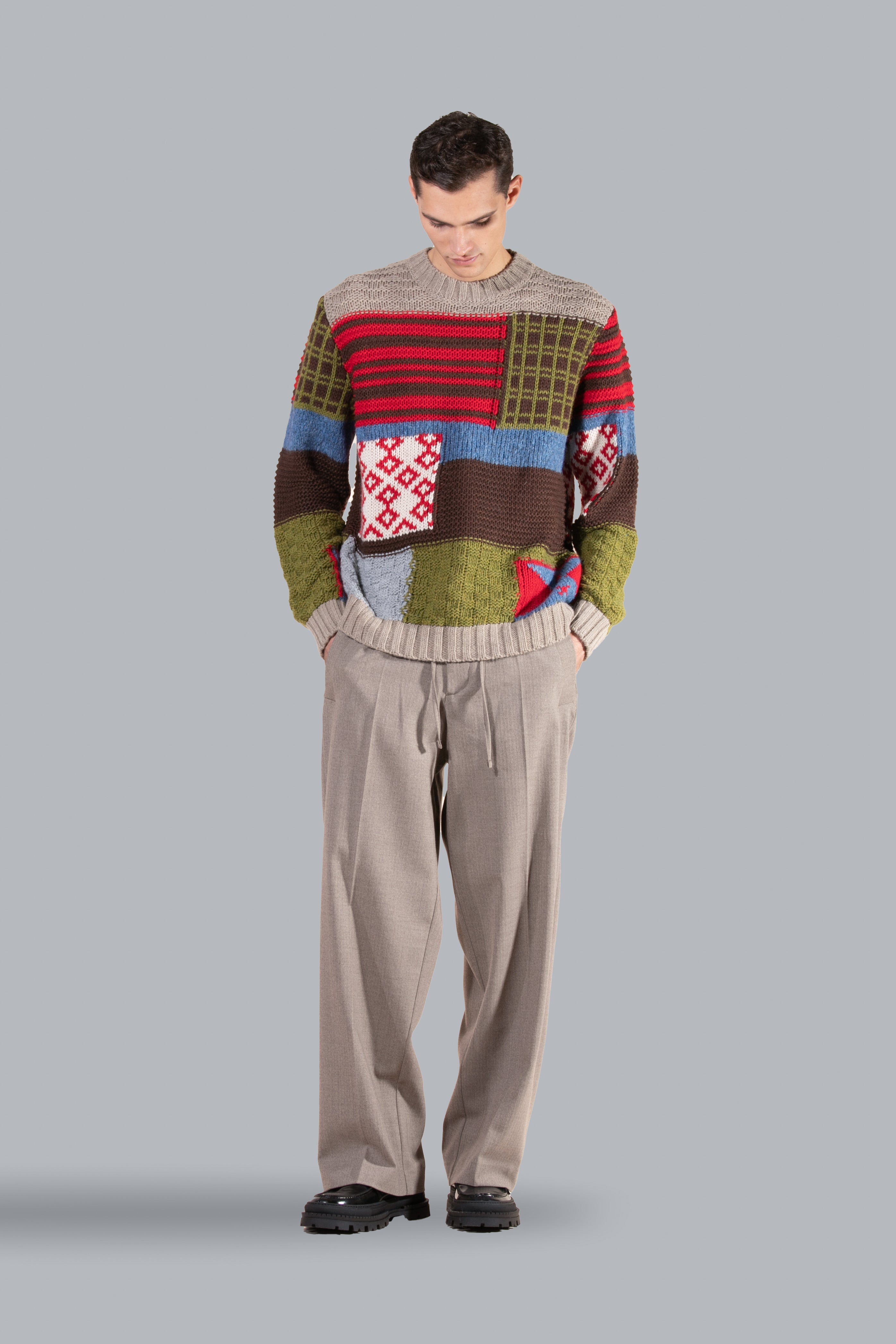 Pull patchwork à col rond en laine mélangée