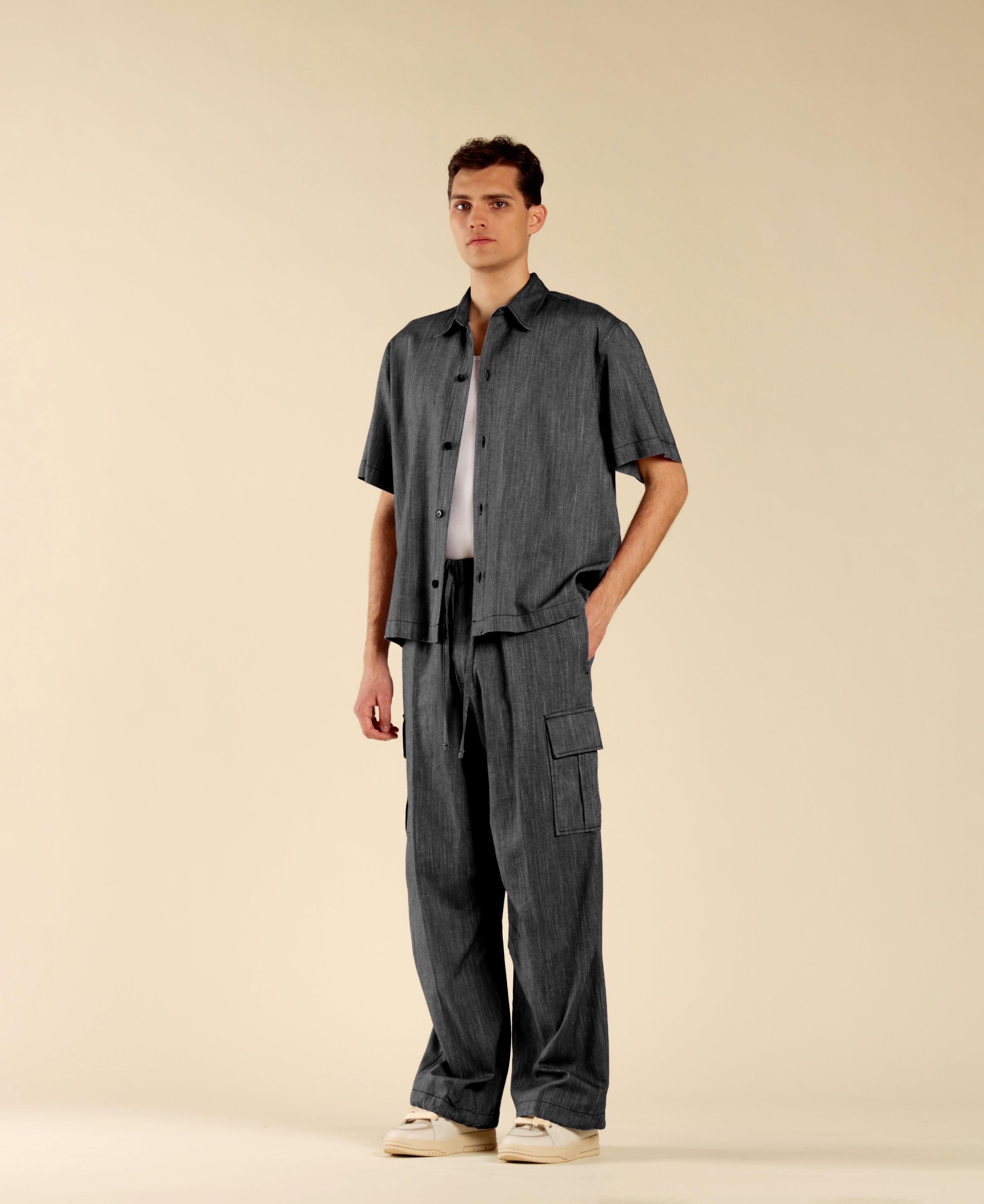 Pantalon cargo en coton et lin effet denim - Noir