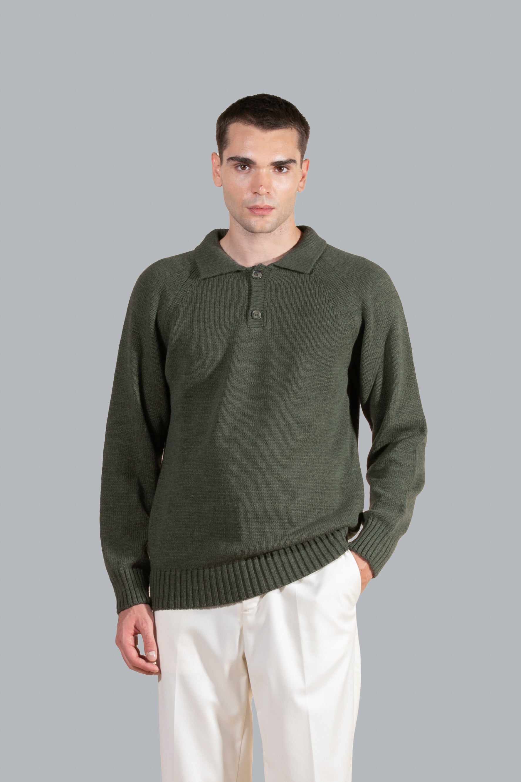 Polo en maille de laine mélangée - Vert militaire