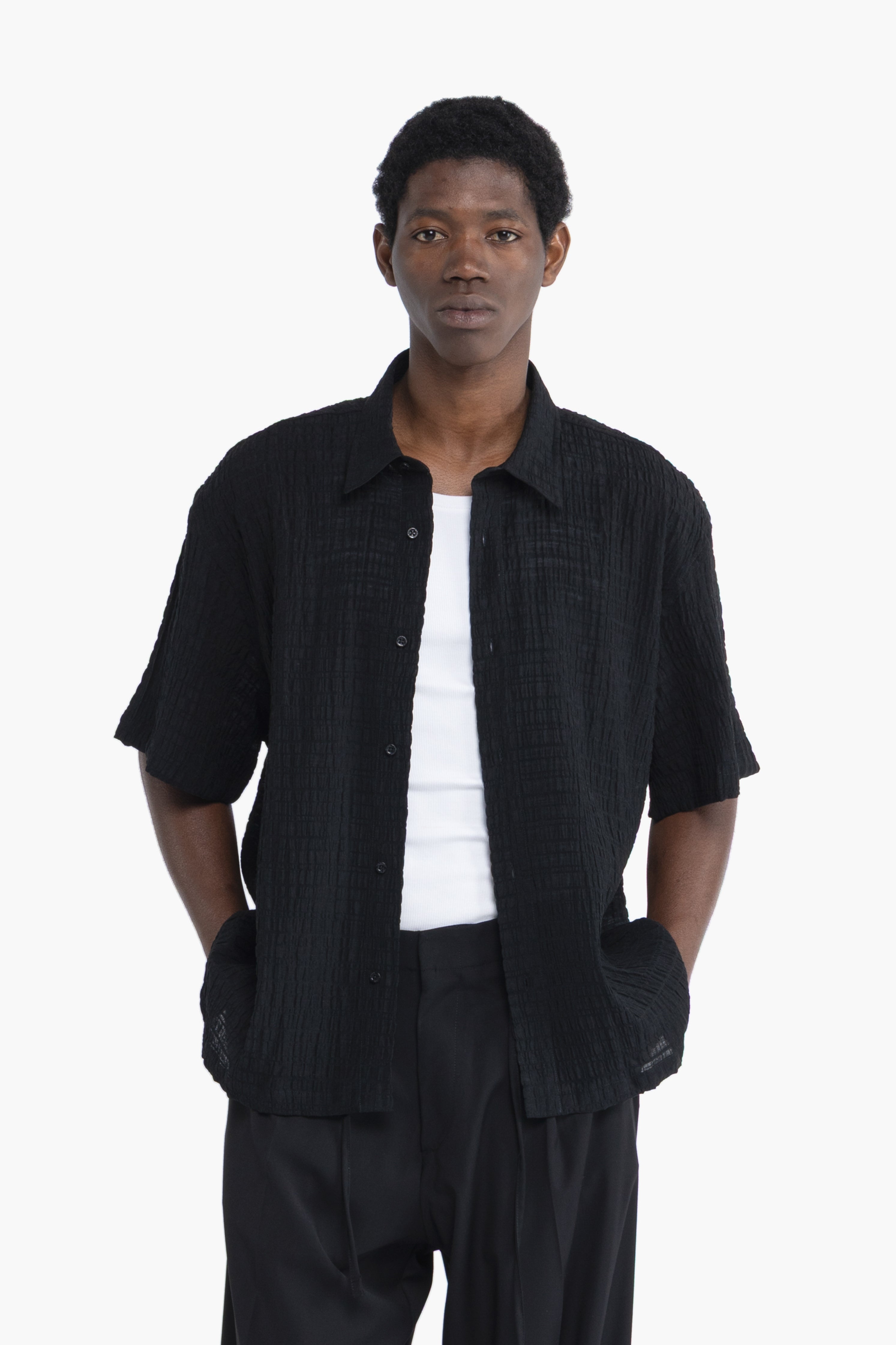 Camicia jacquard maniche corte - Nero