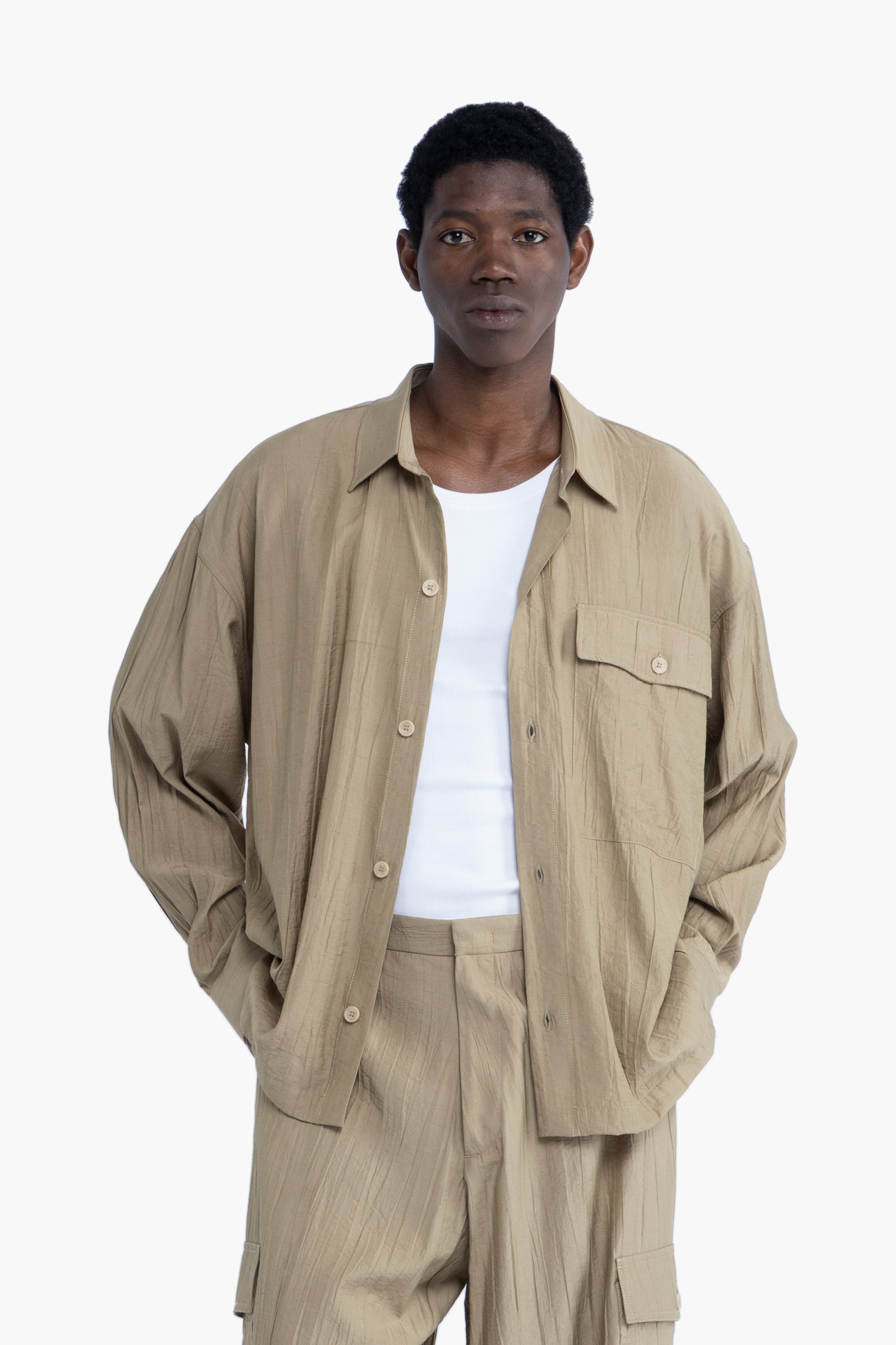 Camicia con tasca effetto stropicciato - Khaki