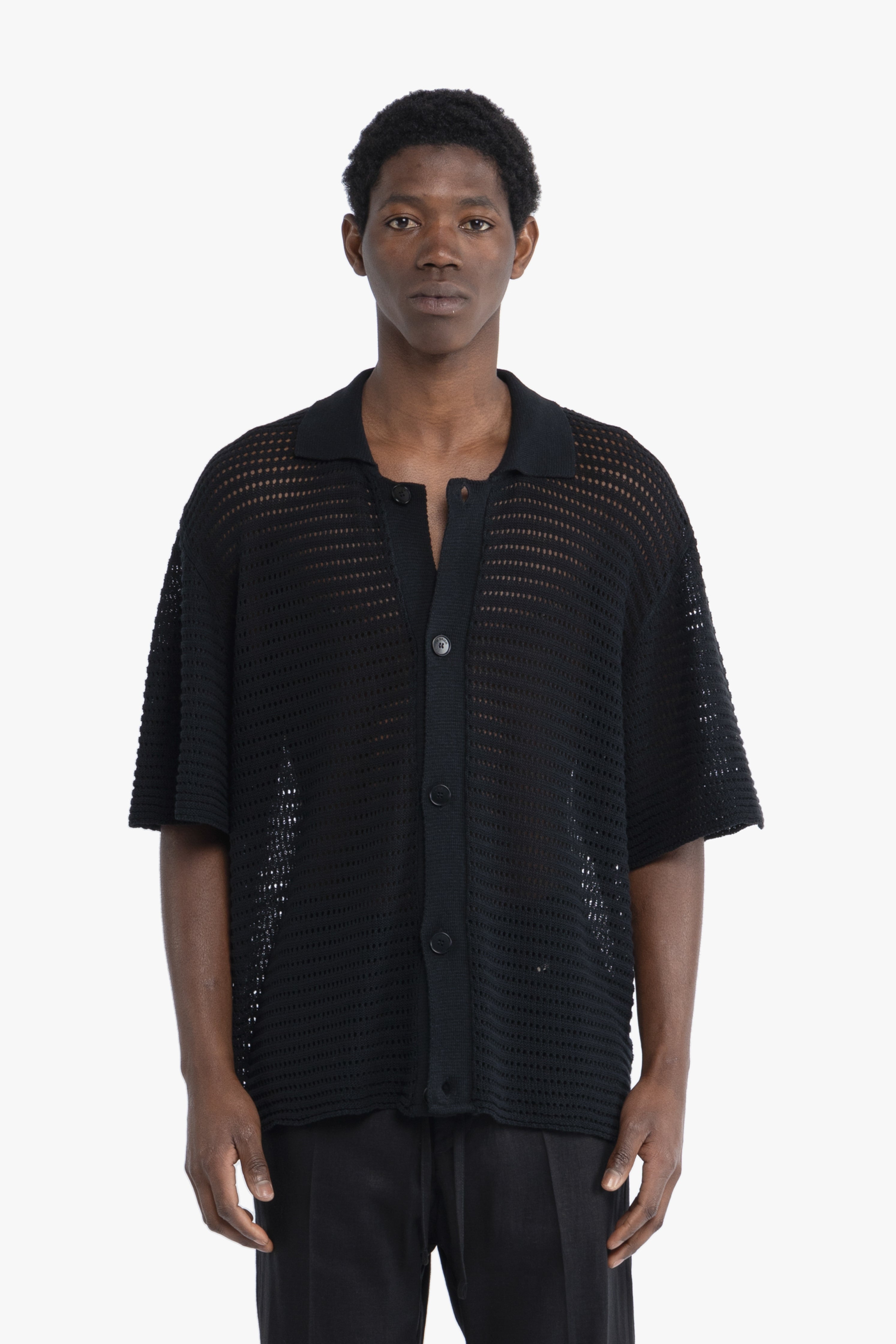 Cardigan polo crochet in maglia - Nero