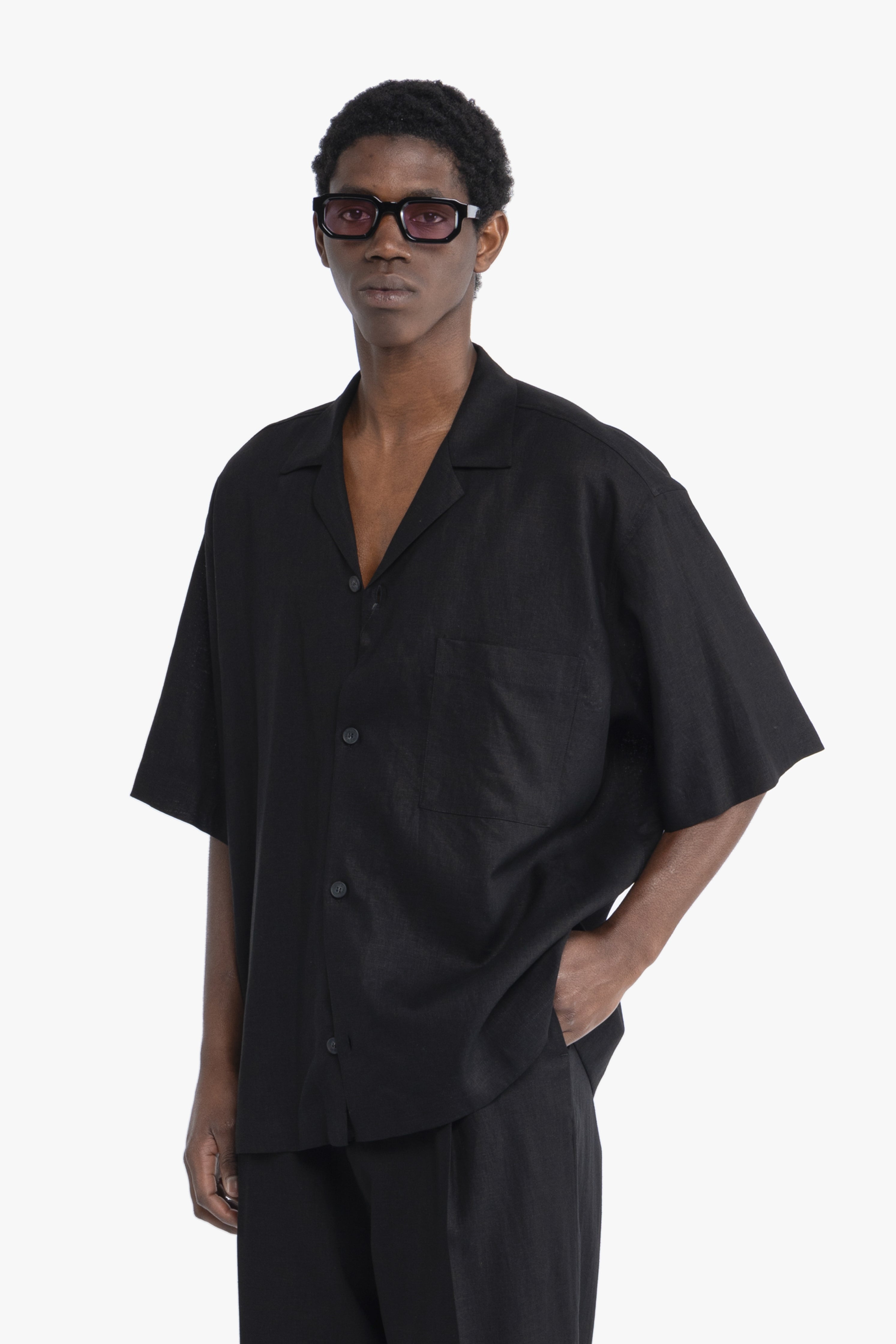 Camicia maniche corte in lino - Nero