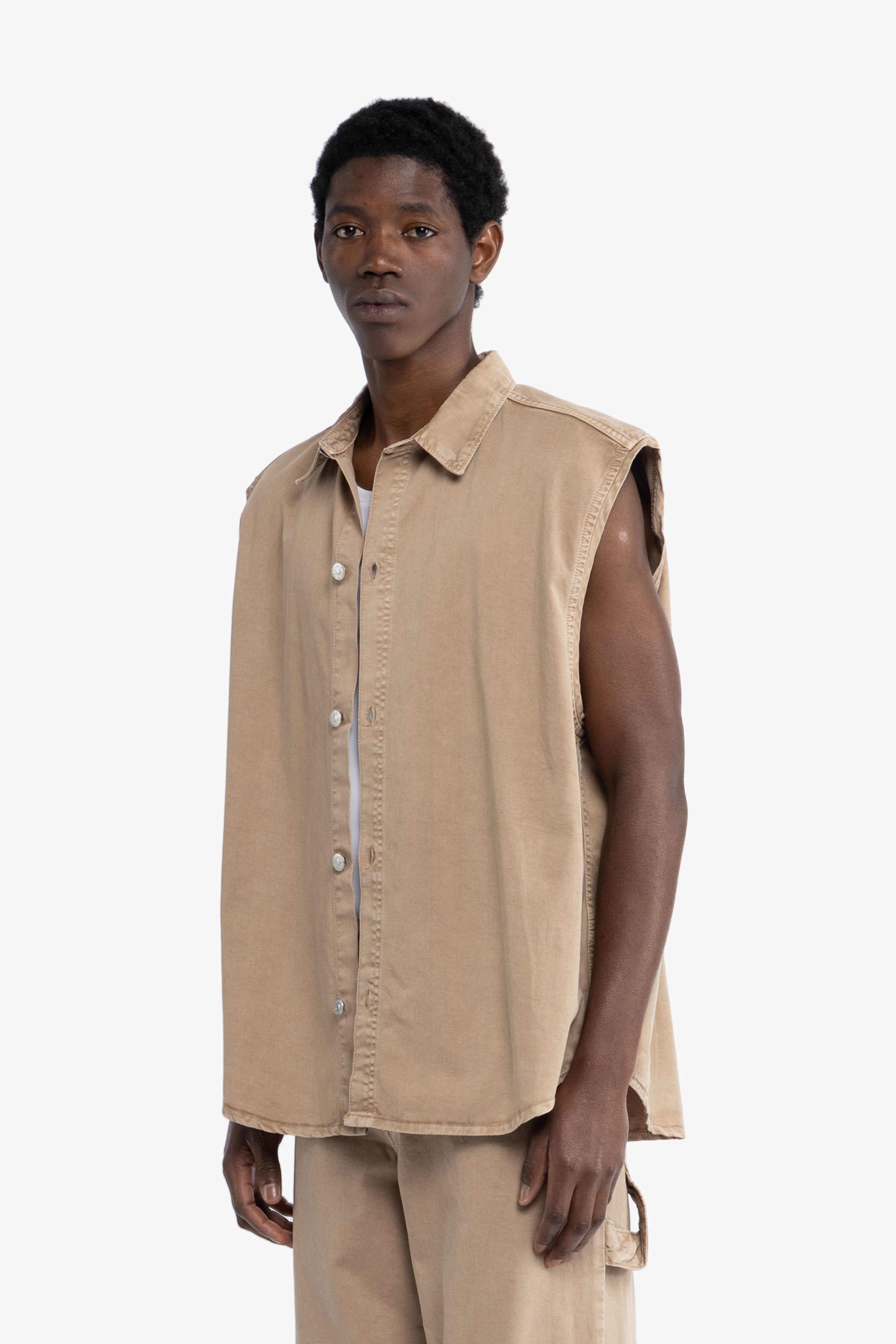 Camicia smanicata in cotone - Beige