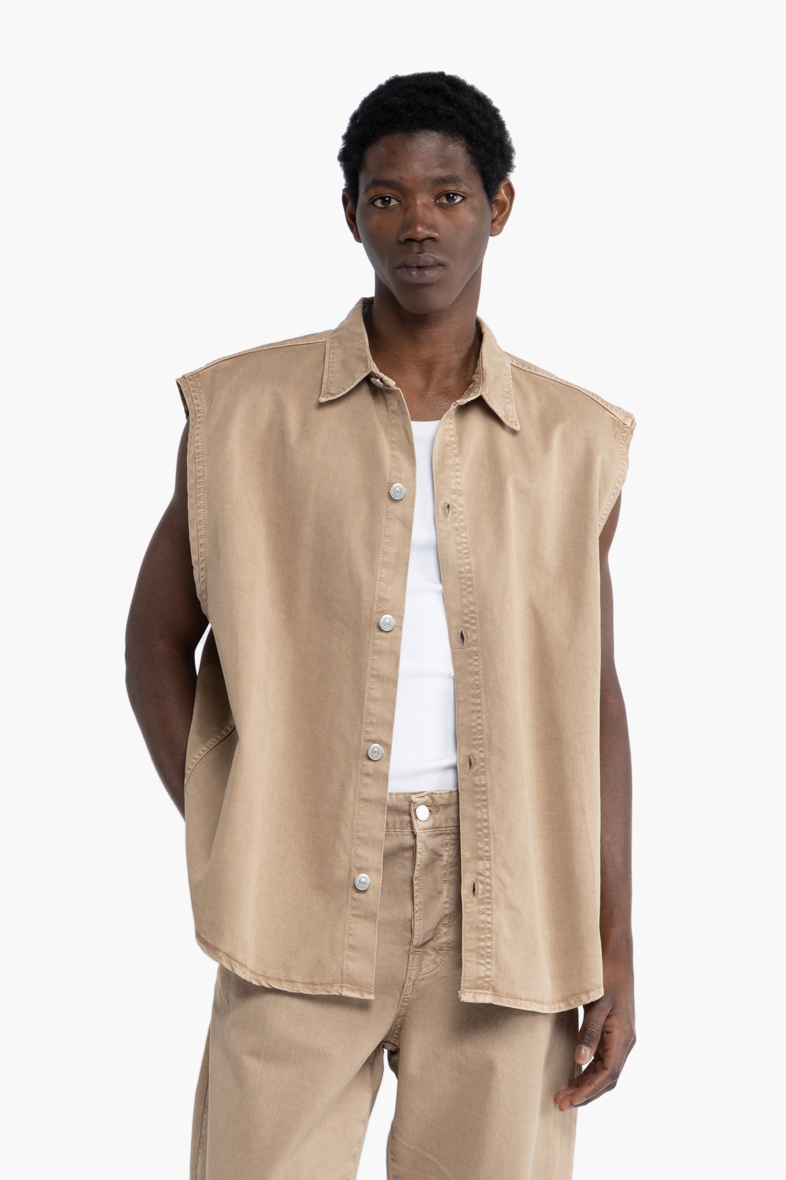 Camicia smanicata in cotone - Beige
