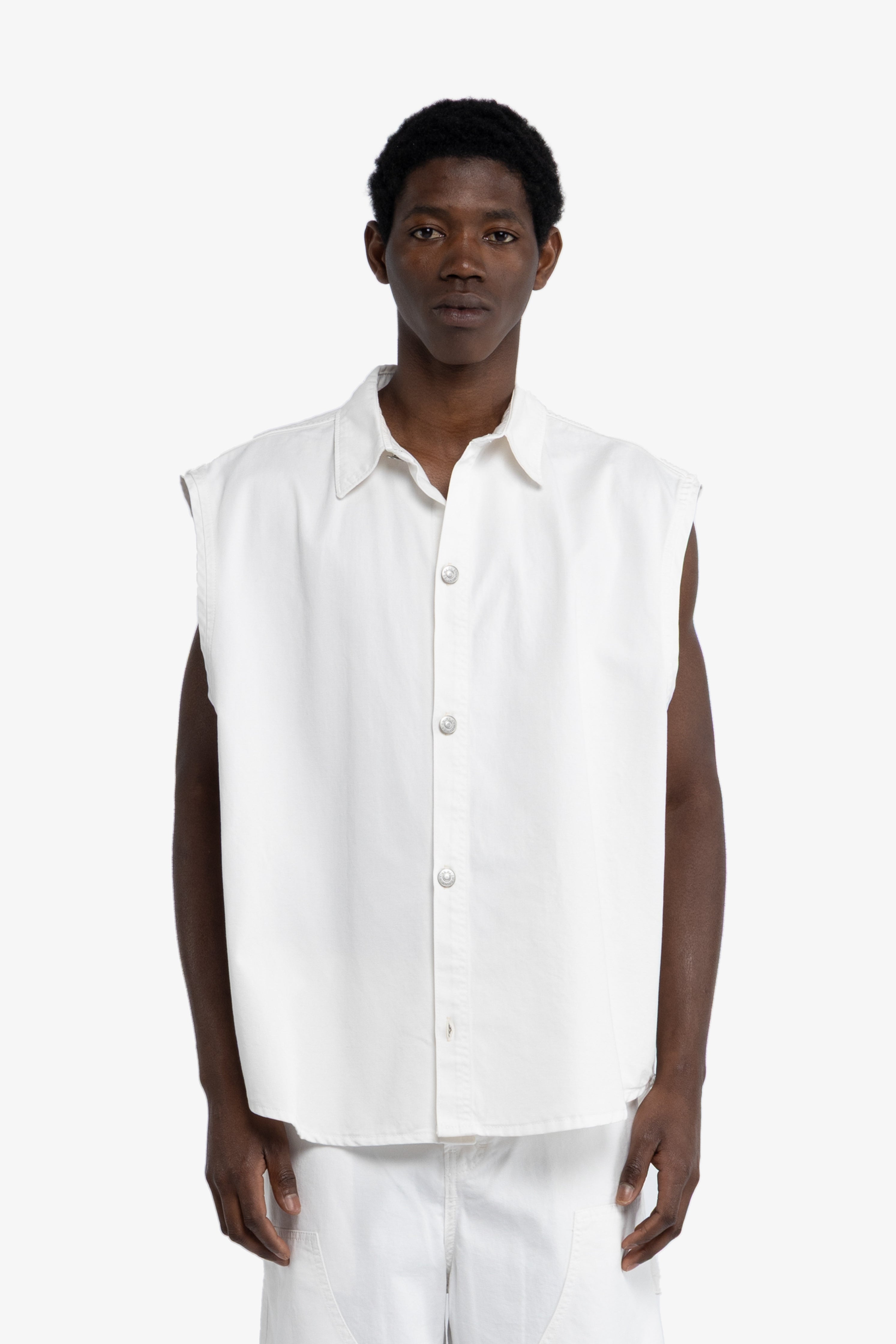 Camicia smanicata in cotone - Panna
