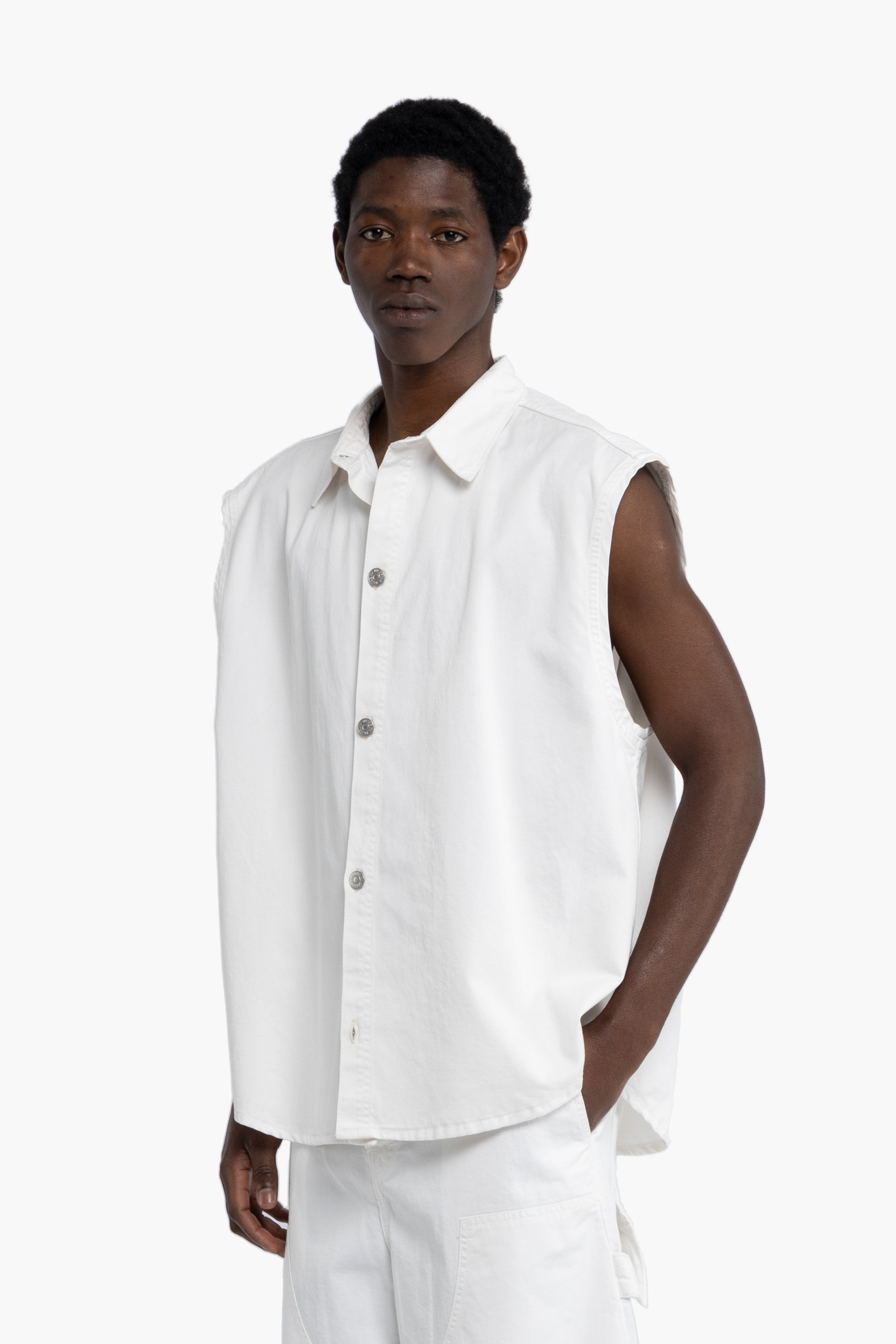 Camicia smanicata in cotone - Panna