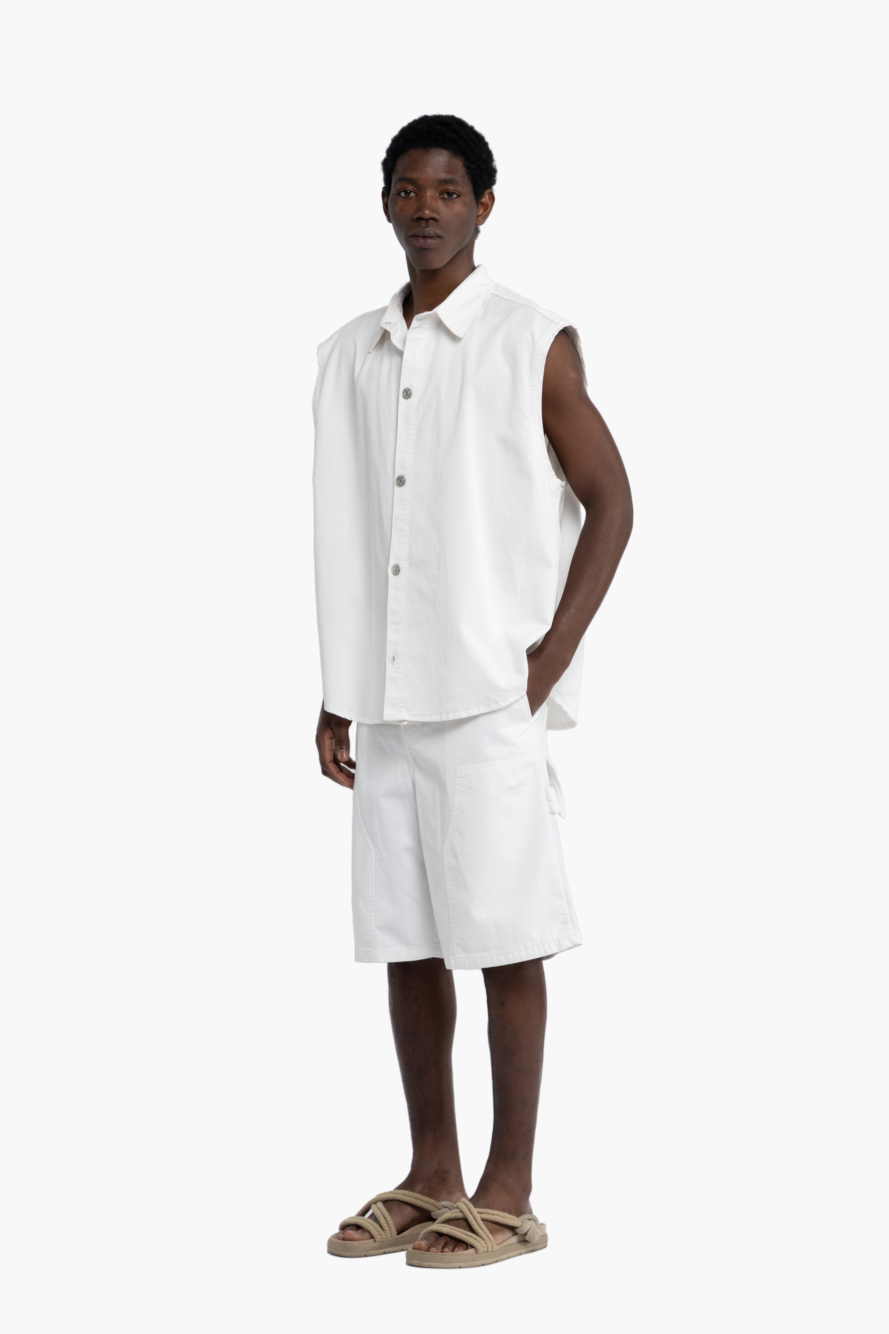 Camicia smanicata in cotone - Panna