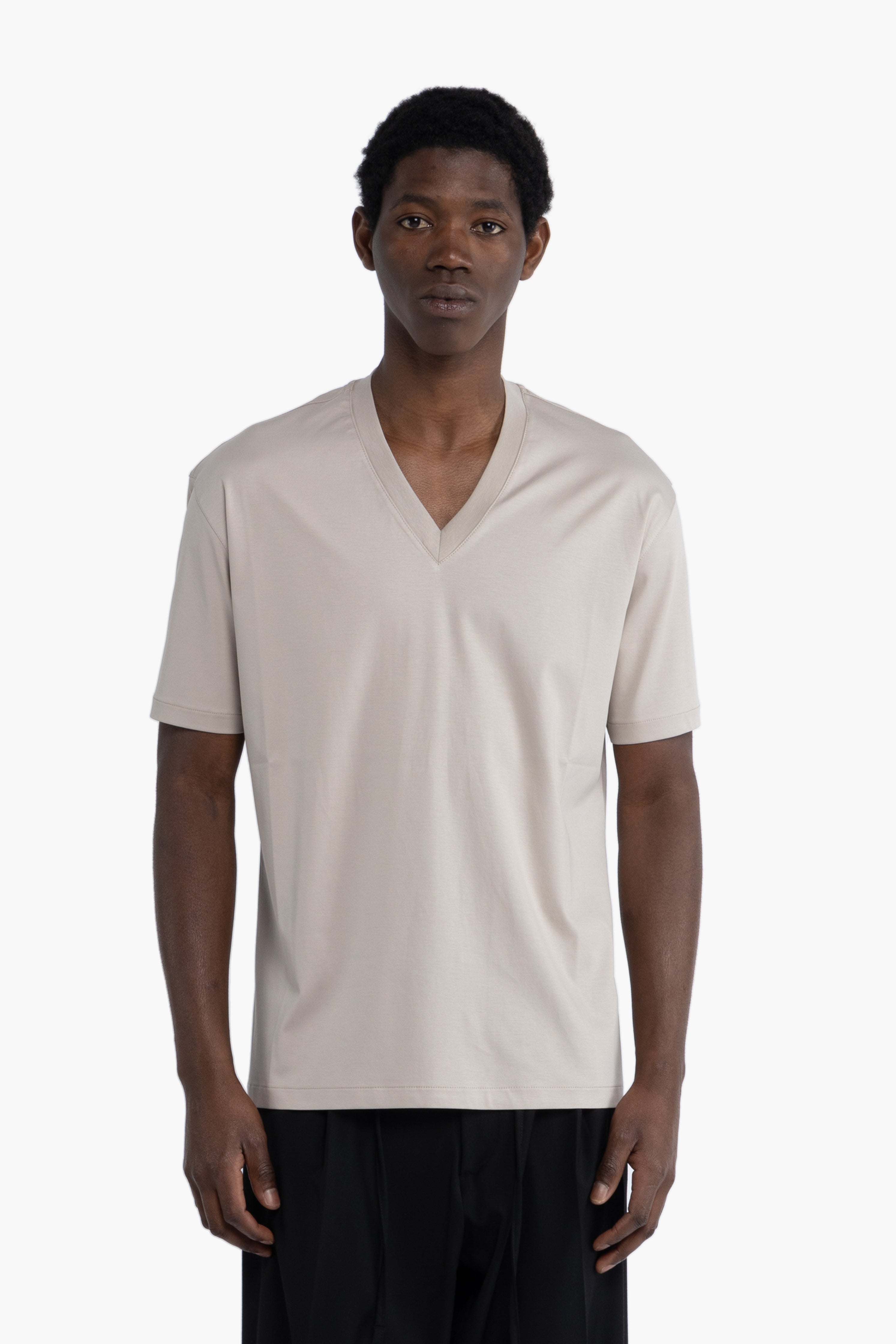 T-shirt scollo a punta cotone mercerizzato - Beige