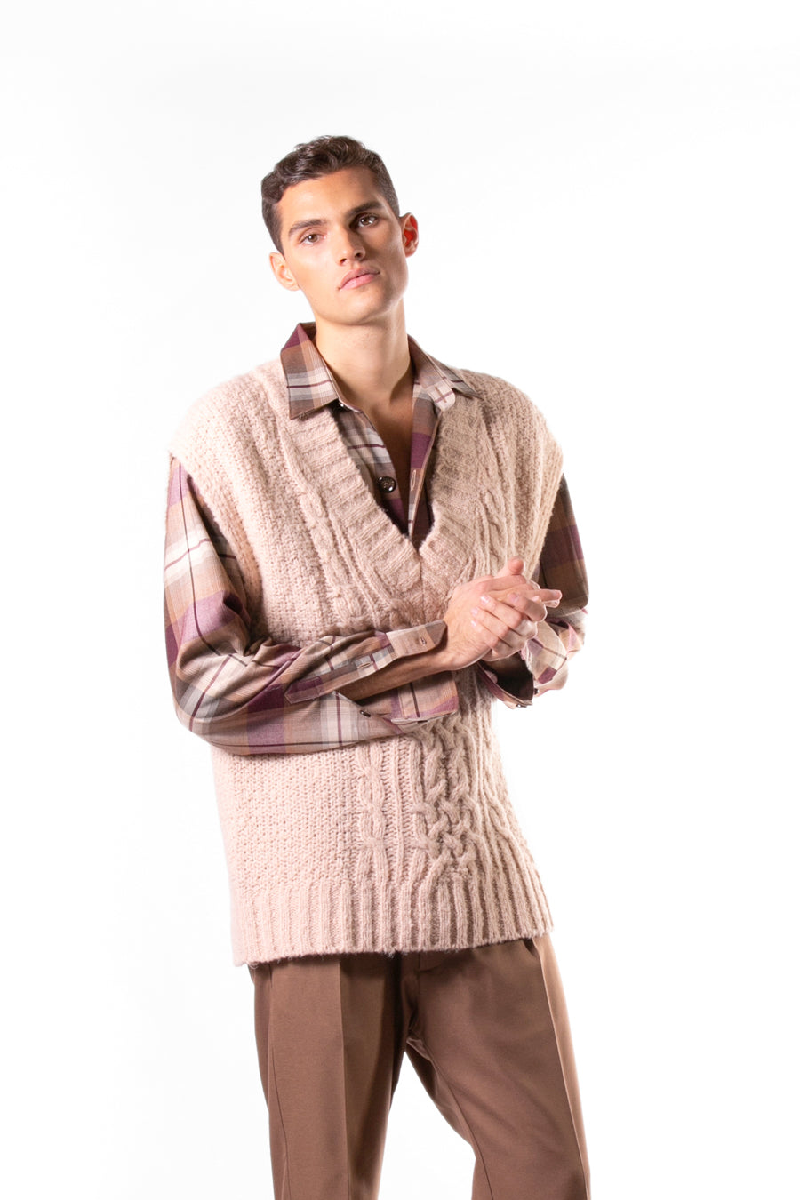 Pull sans manches en maille à col pointu, en laine mélangée - Rose poudré