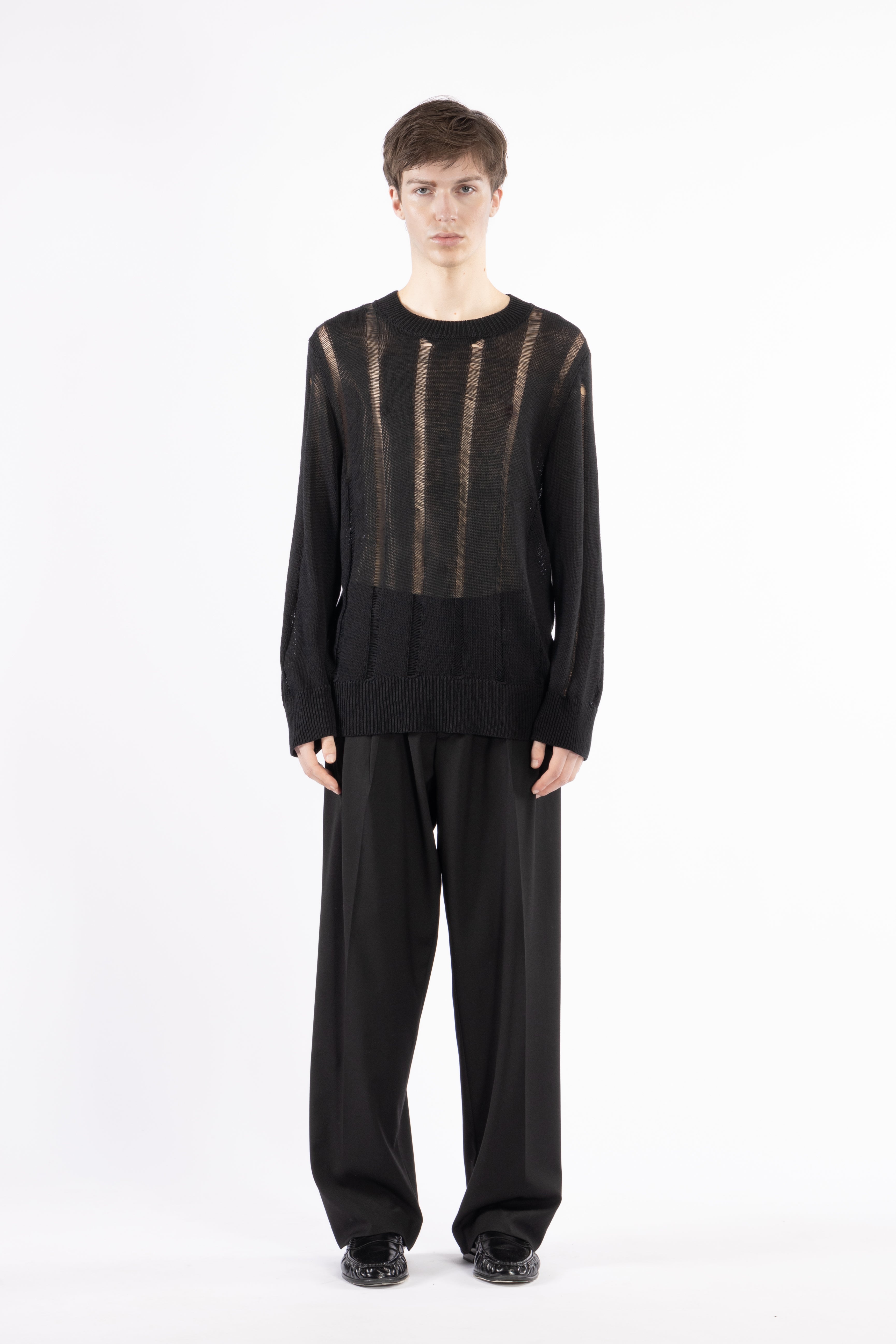 Girocollo in maglia a righe traforata - Nero