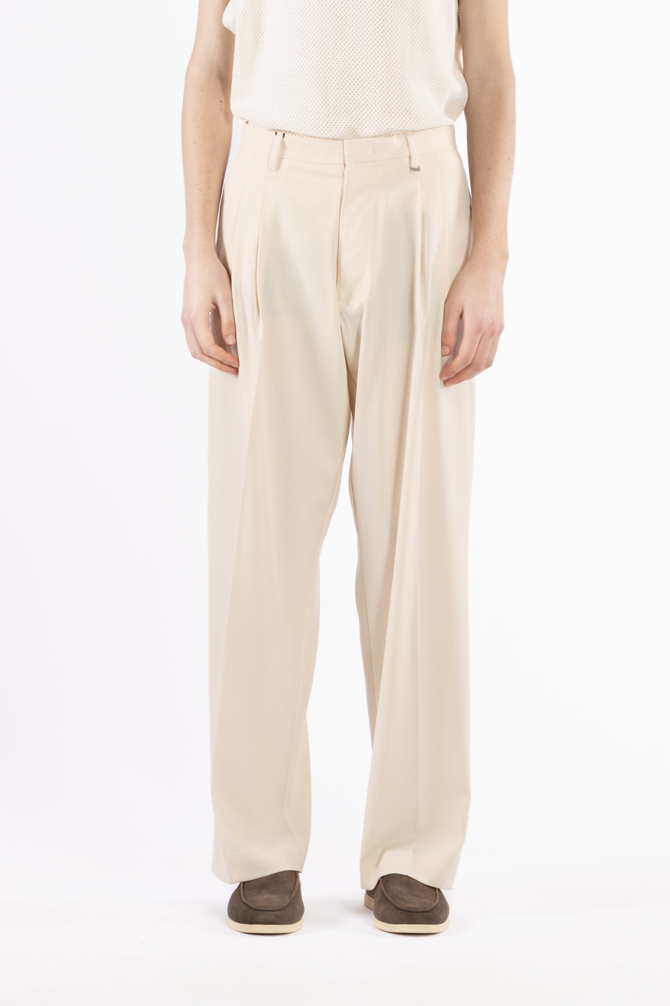 Pantalone fondo ampio con pinces - Panna