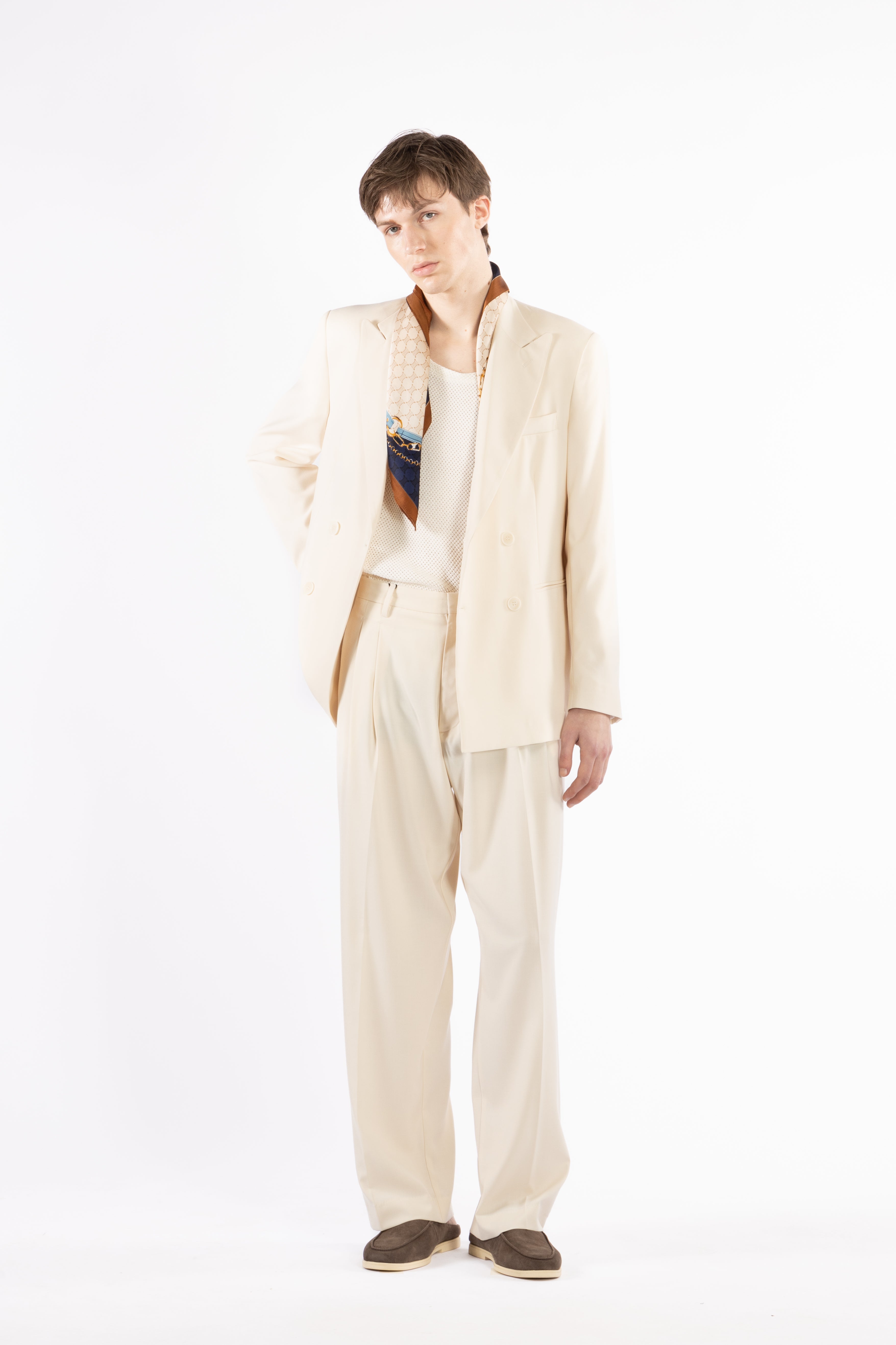 Pantalone fondo ampio con pinces - Panna