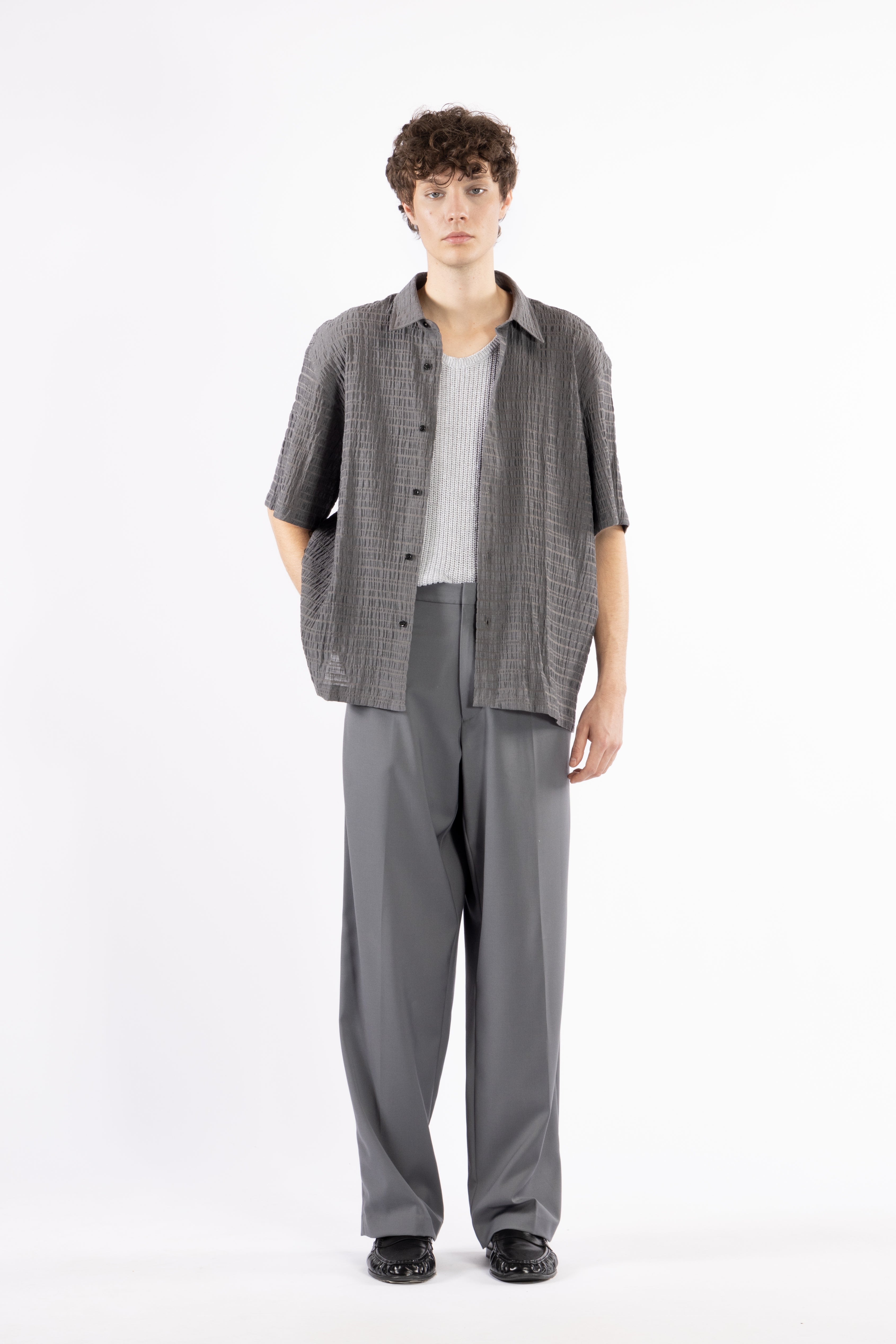 Camicia jacquard maniche corte - Grigio