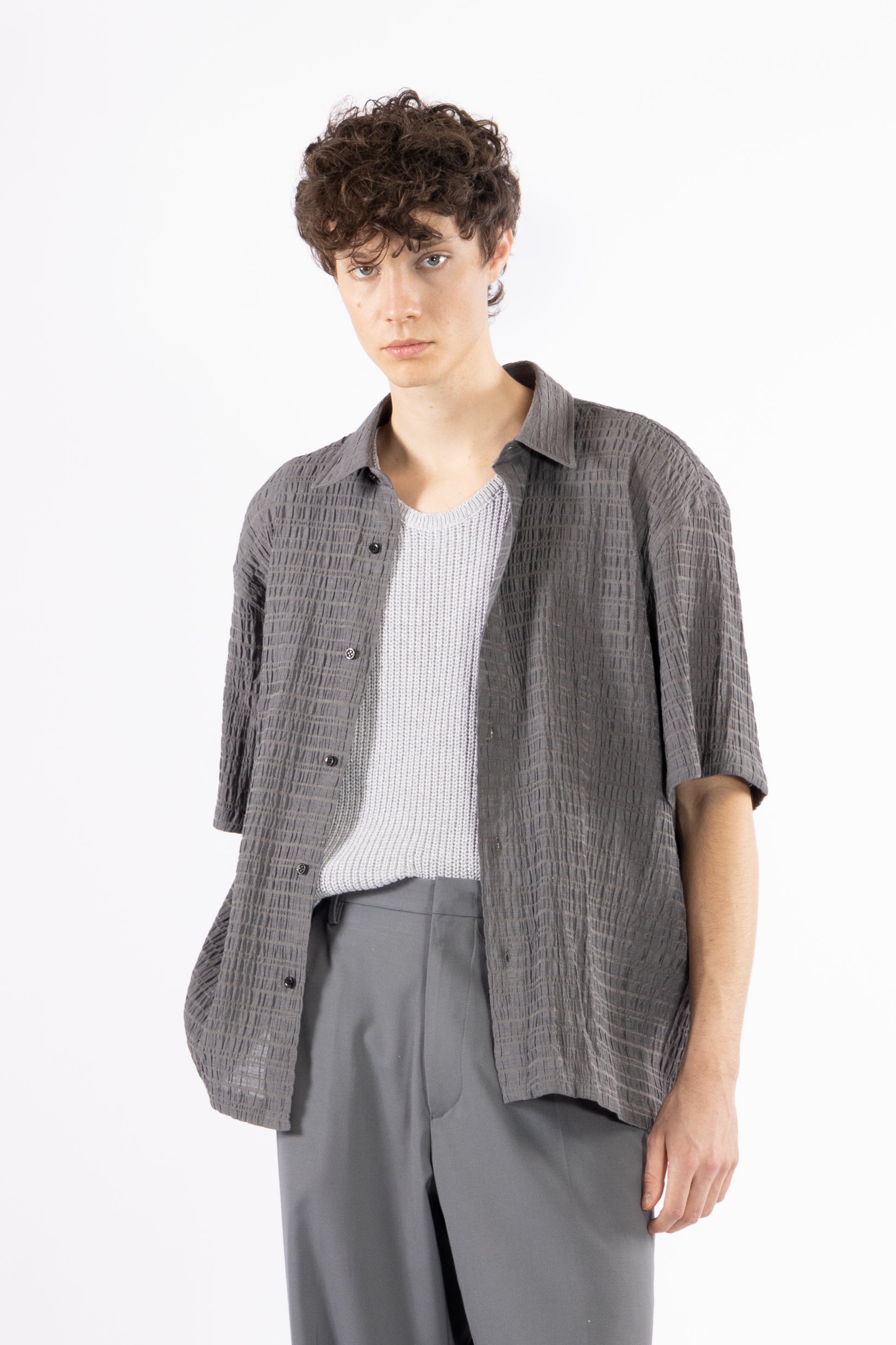 Camicia jacquard maniche corte - Grigio