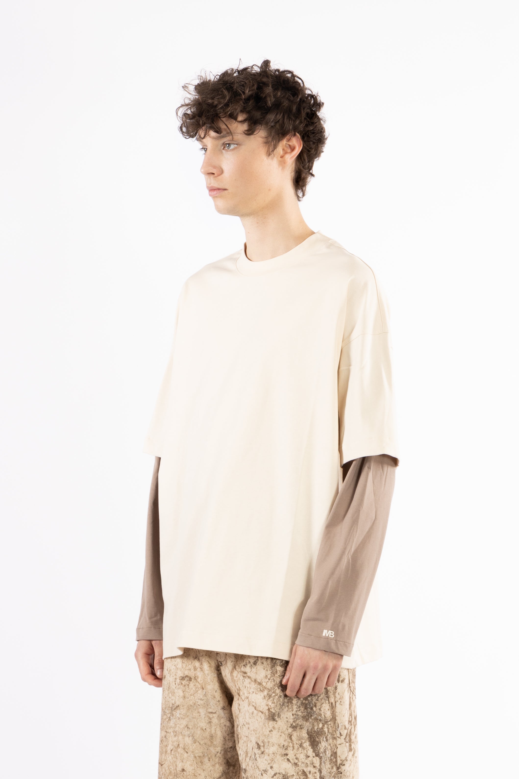 T-shirt in cotone doppia manica - Panna