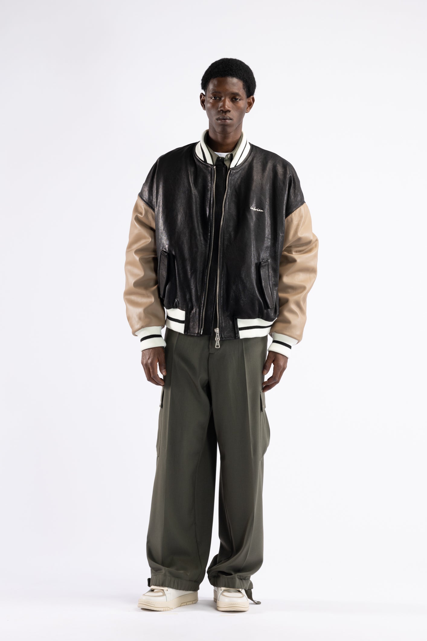 Blouson aviateur oversize en cuir - Noir/Taupe