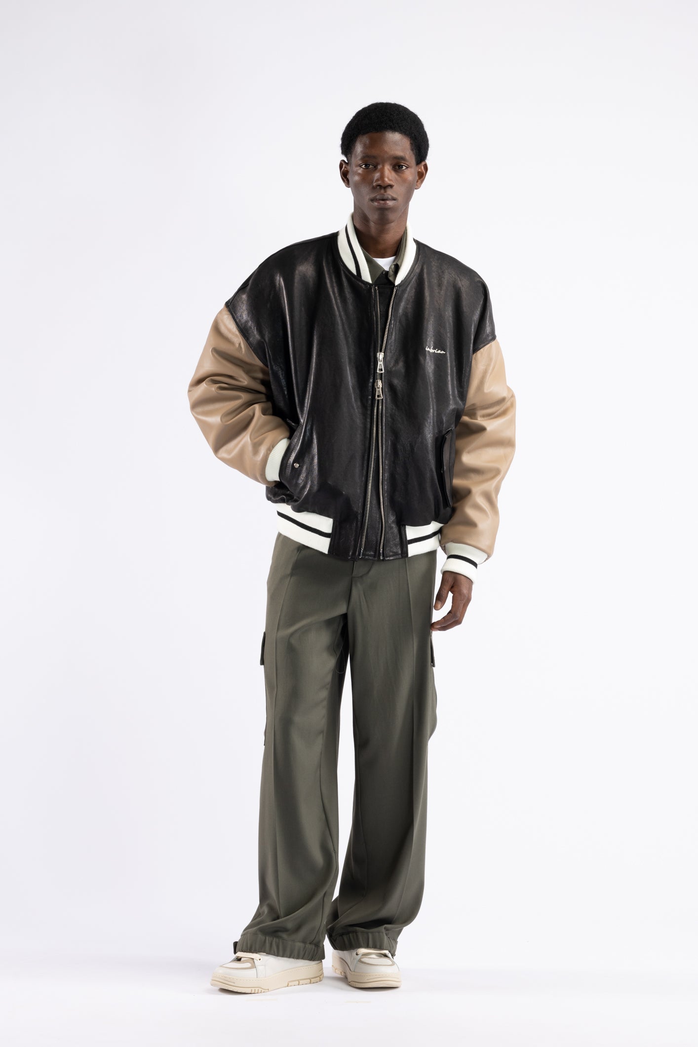 Blouson aviateur oversize en cuir - Noir/Taupe