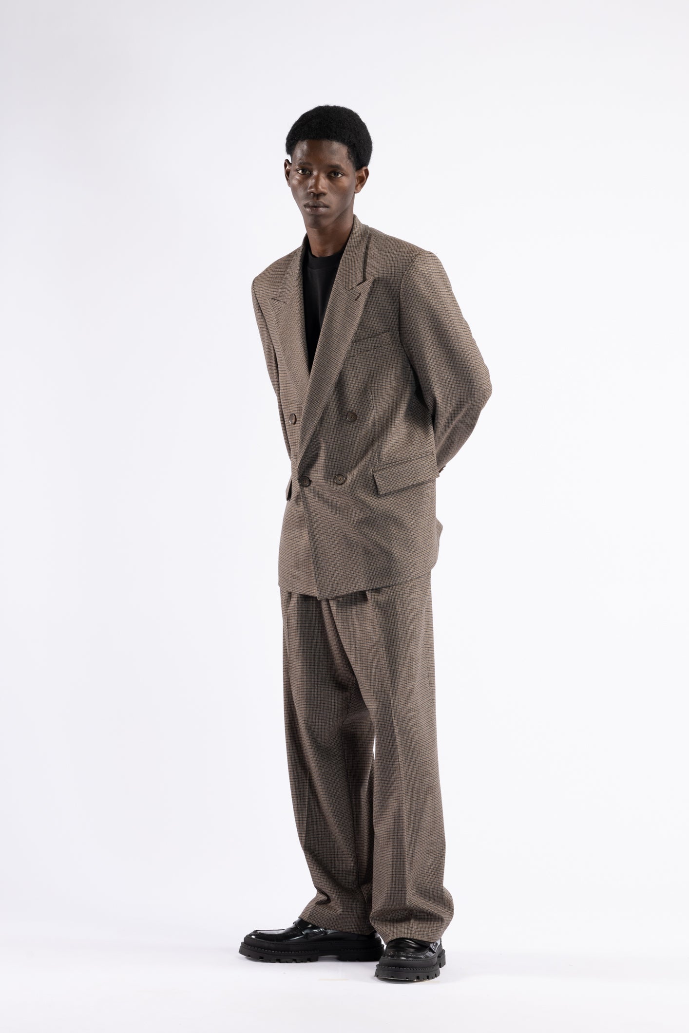 Pantalon pied-de-poule à jambes larges et doubles plis