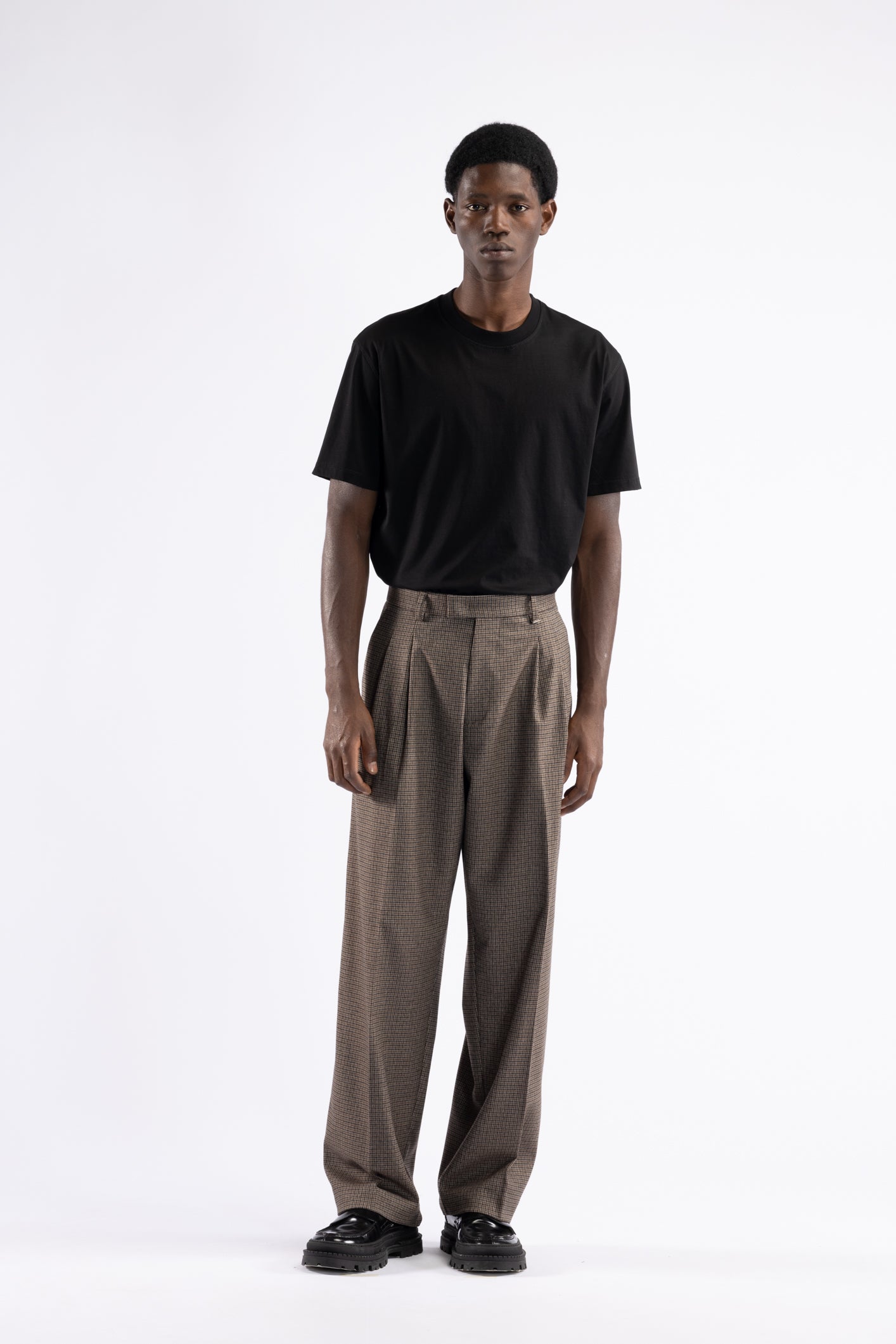 Pantalon pied-de-poule à jambes larges et doubles plis