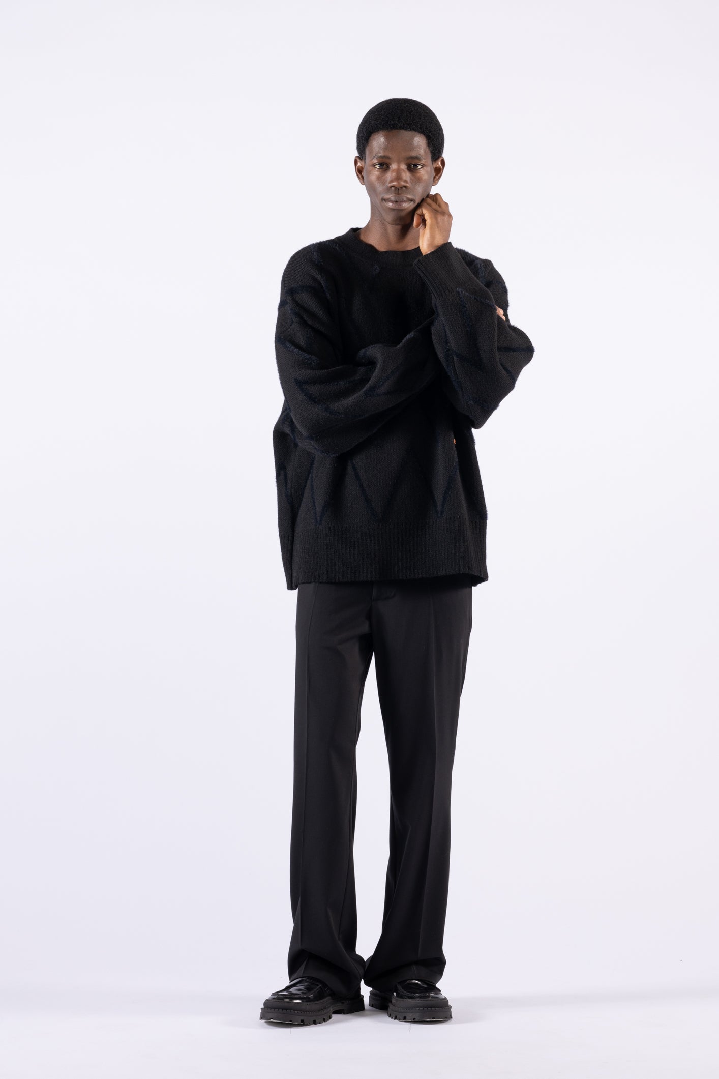 Pull oversize à col rond et motifs - Noir