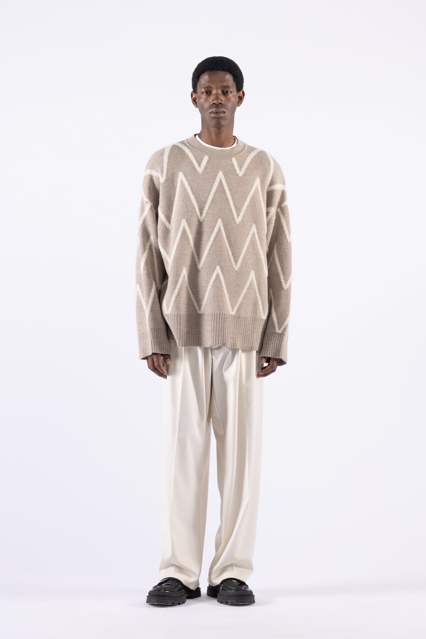 Pull oversize à col rond et motifs - Beige