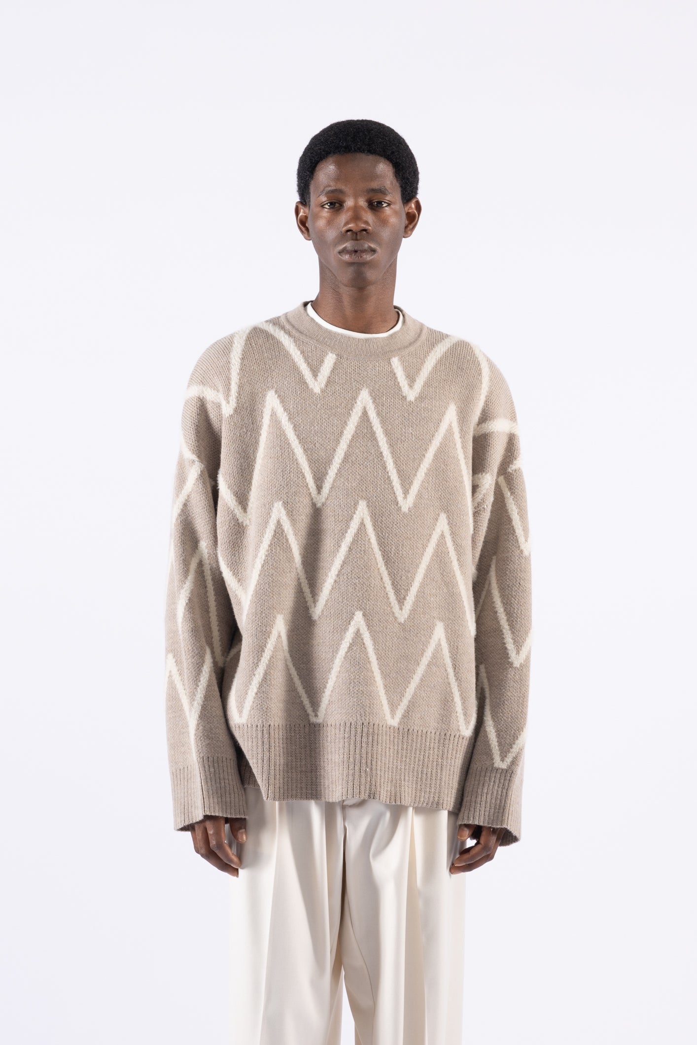 Pull oversize à col rond et motifs - Beige