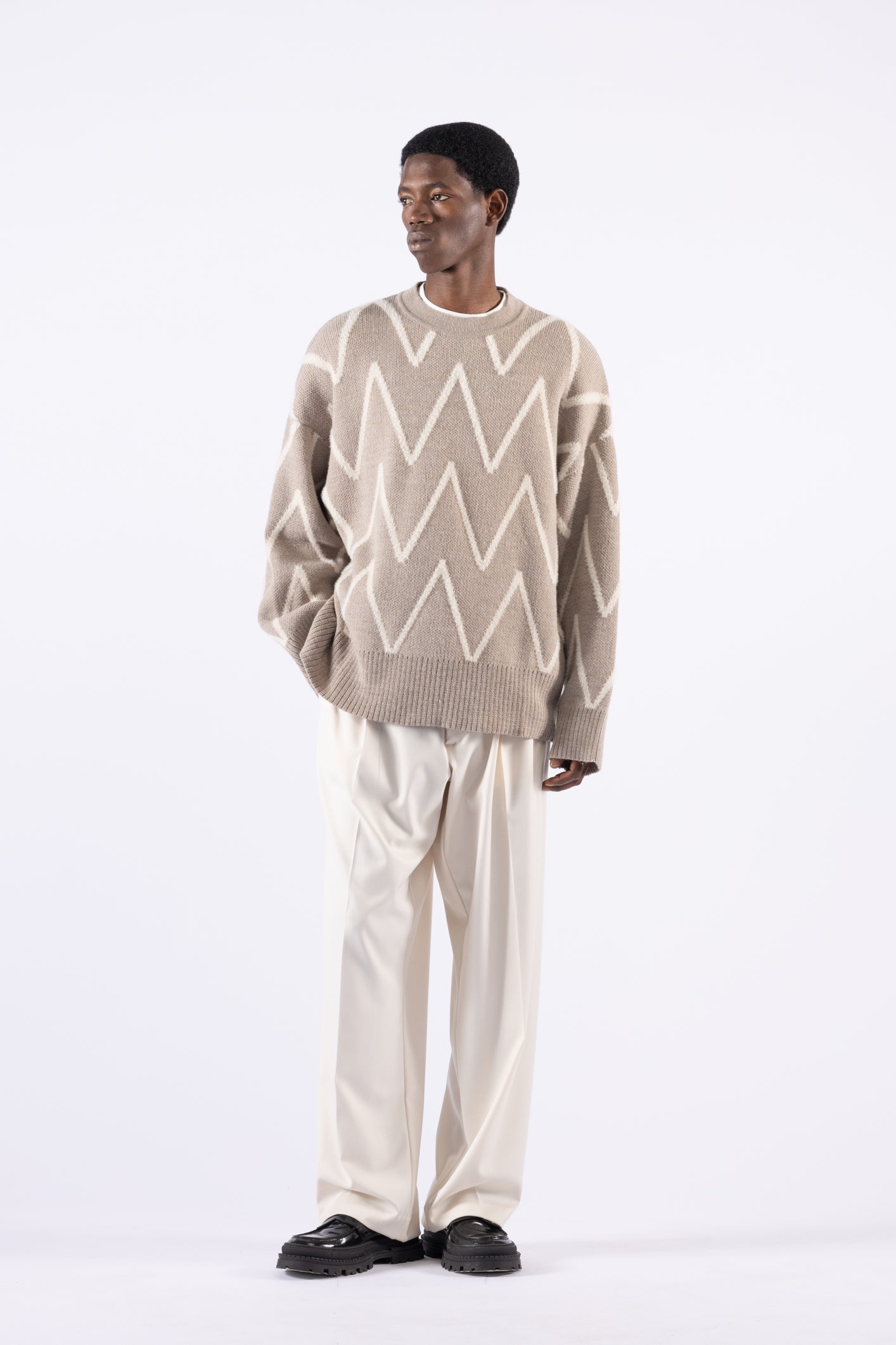 Pull oversize à col rond et motifs - Beige