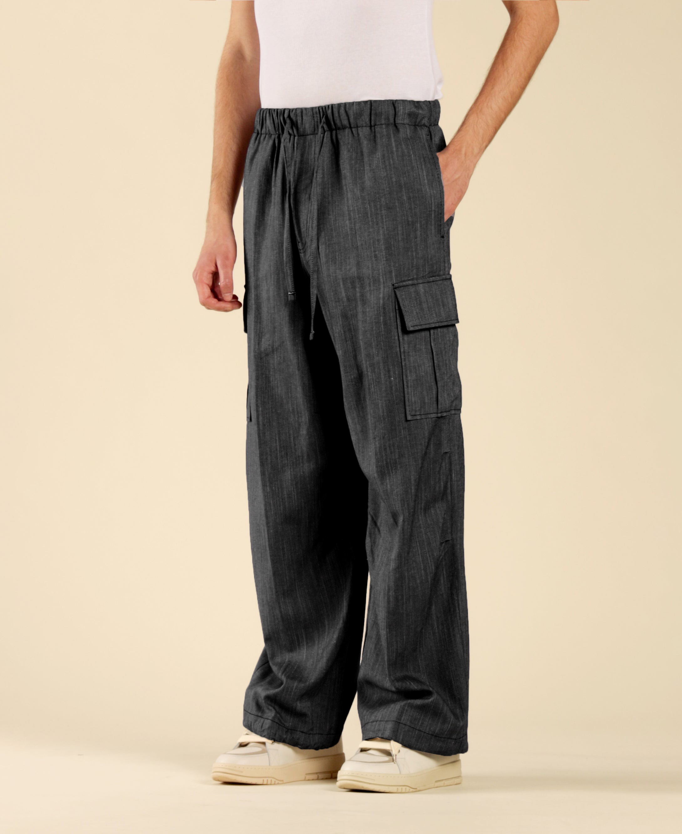 Pantalon cargo en coton et lin effet denim - Noir