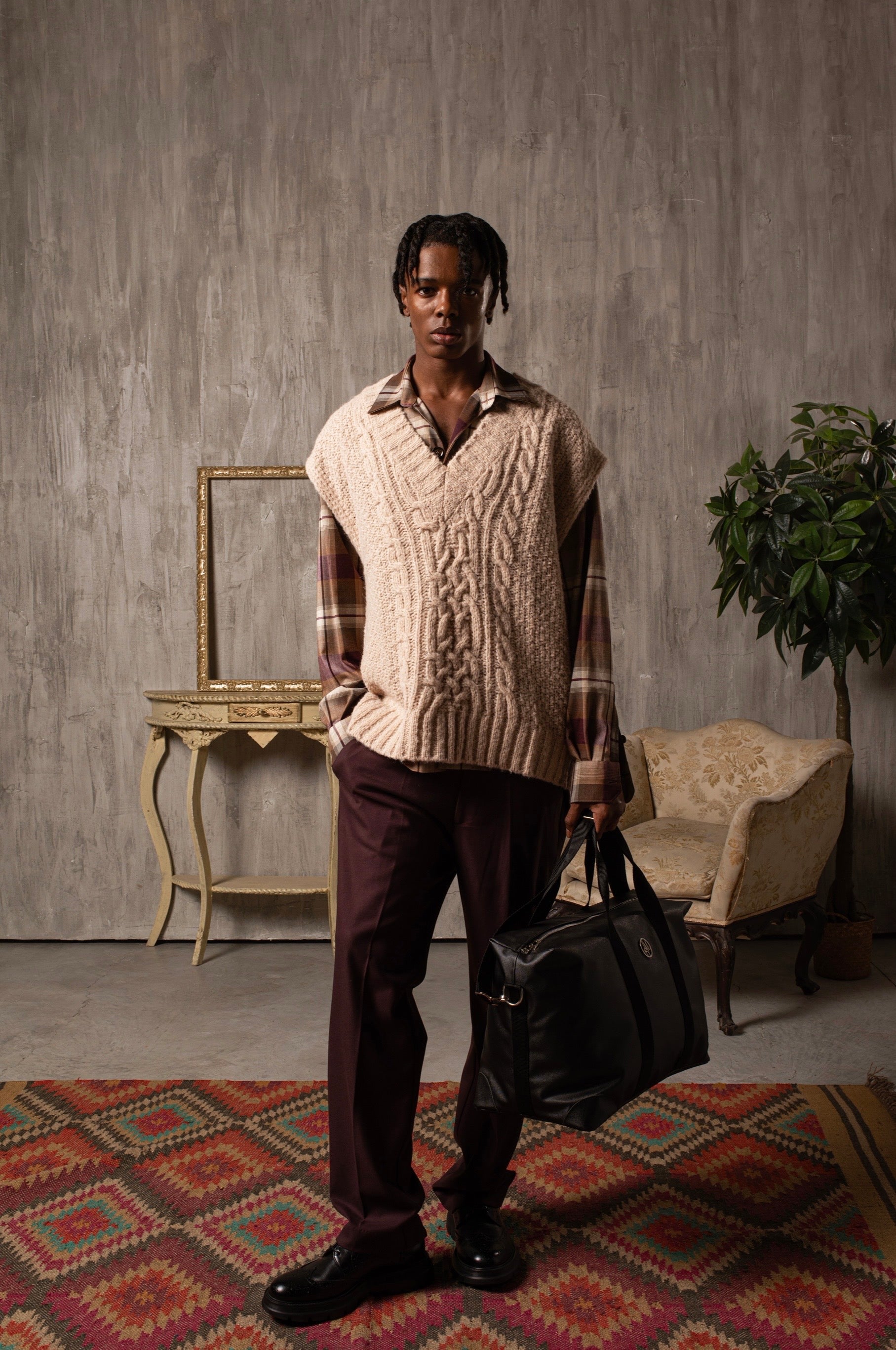 Pull sans manches en maille à col pointu, en laine mélangée - Rose poudré