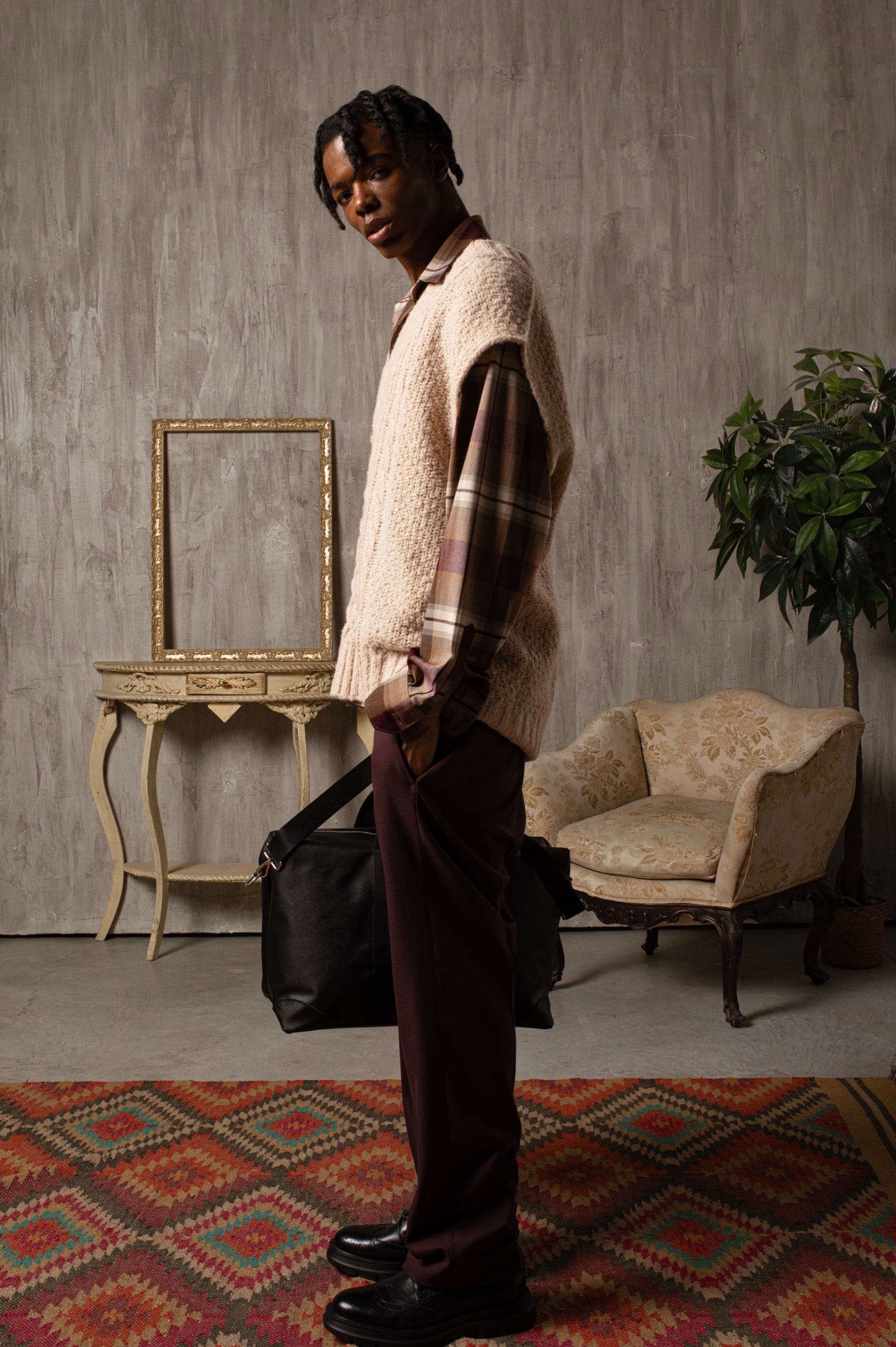 Pull sans manches en maille à col pointu, en laine mélangée - Rose poudré