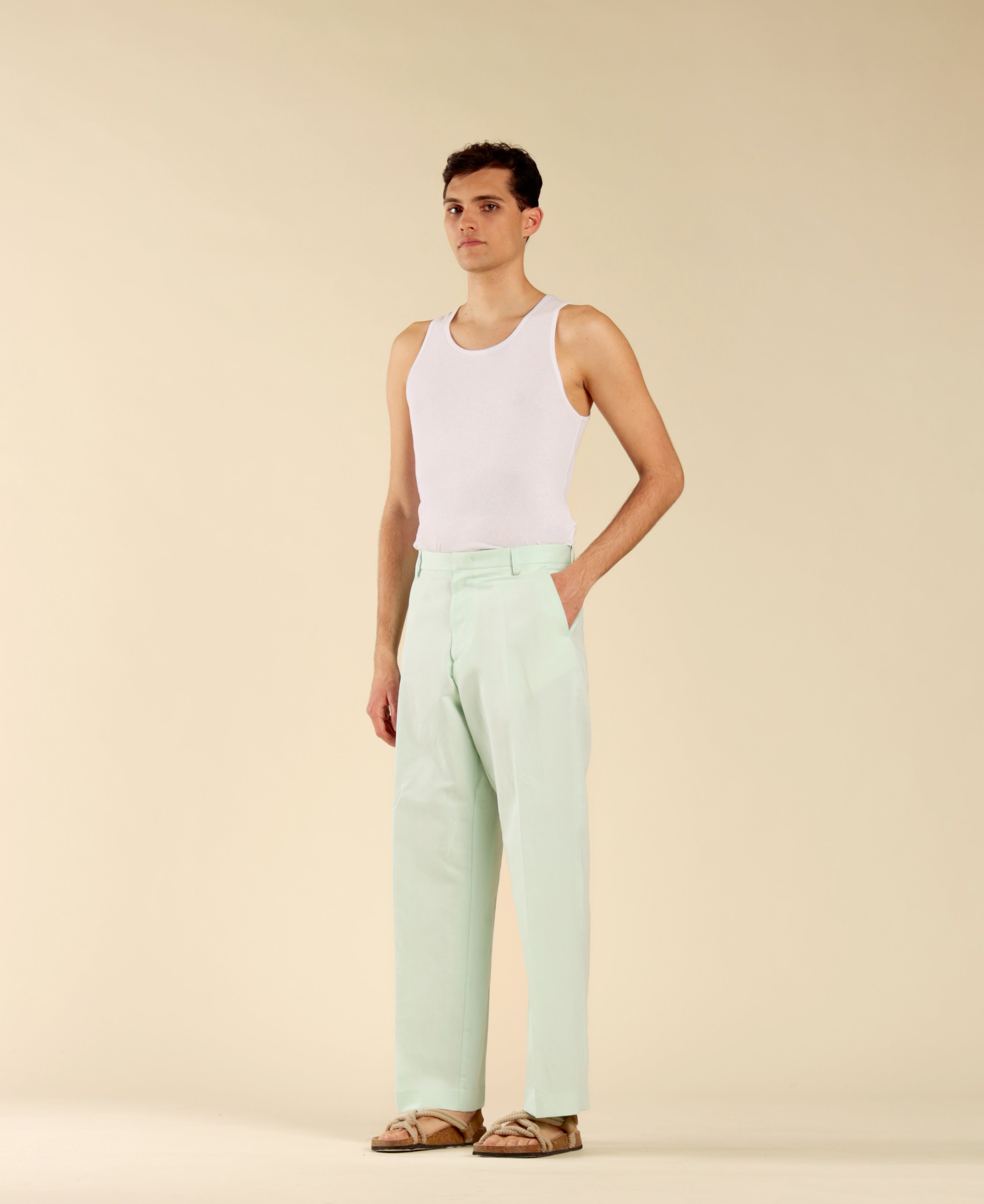 Pantalon large en lin et coton - Vert