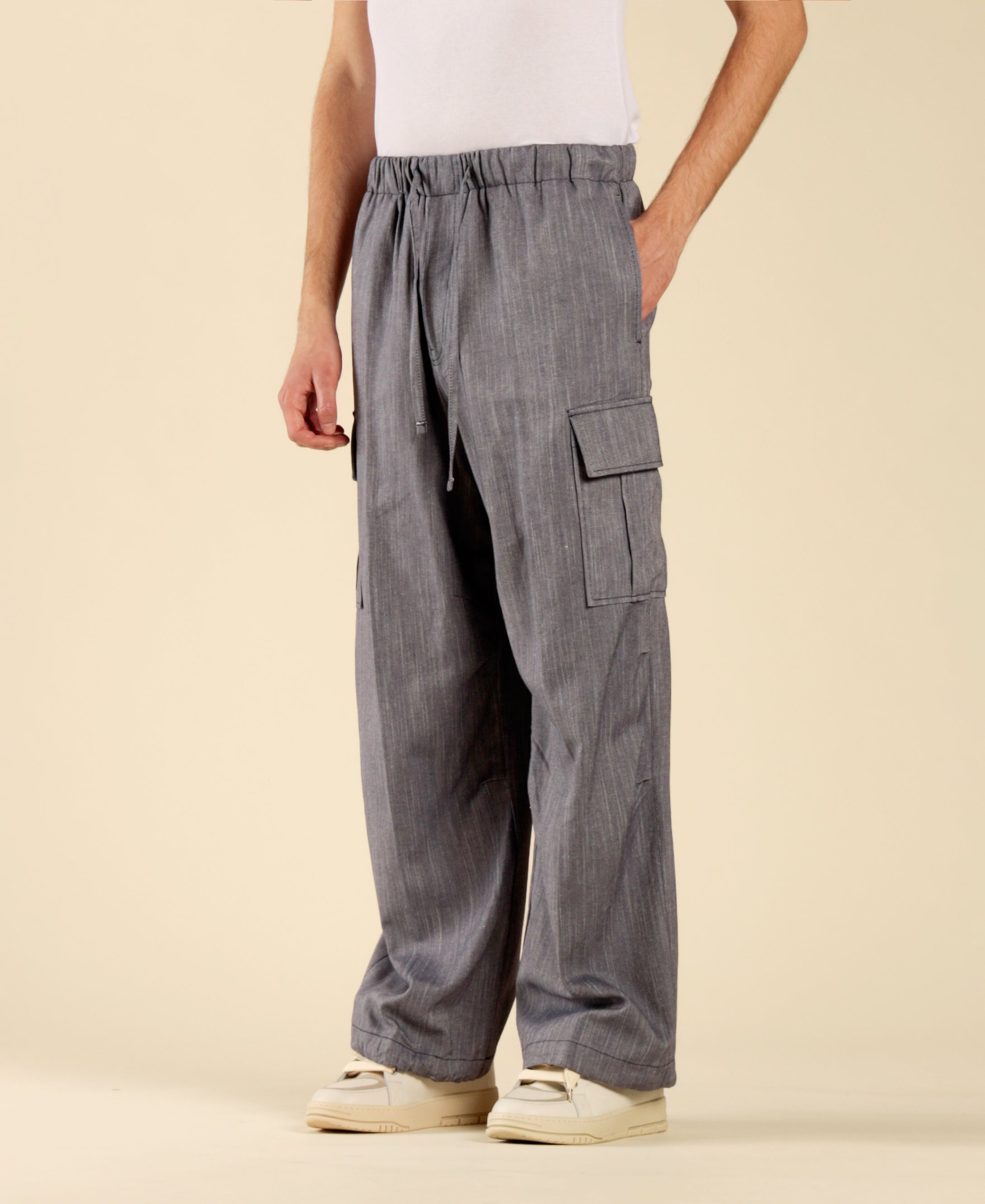 Pantalon cargo en coton et lin effet denim - Bleu