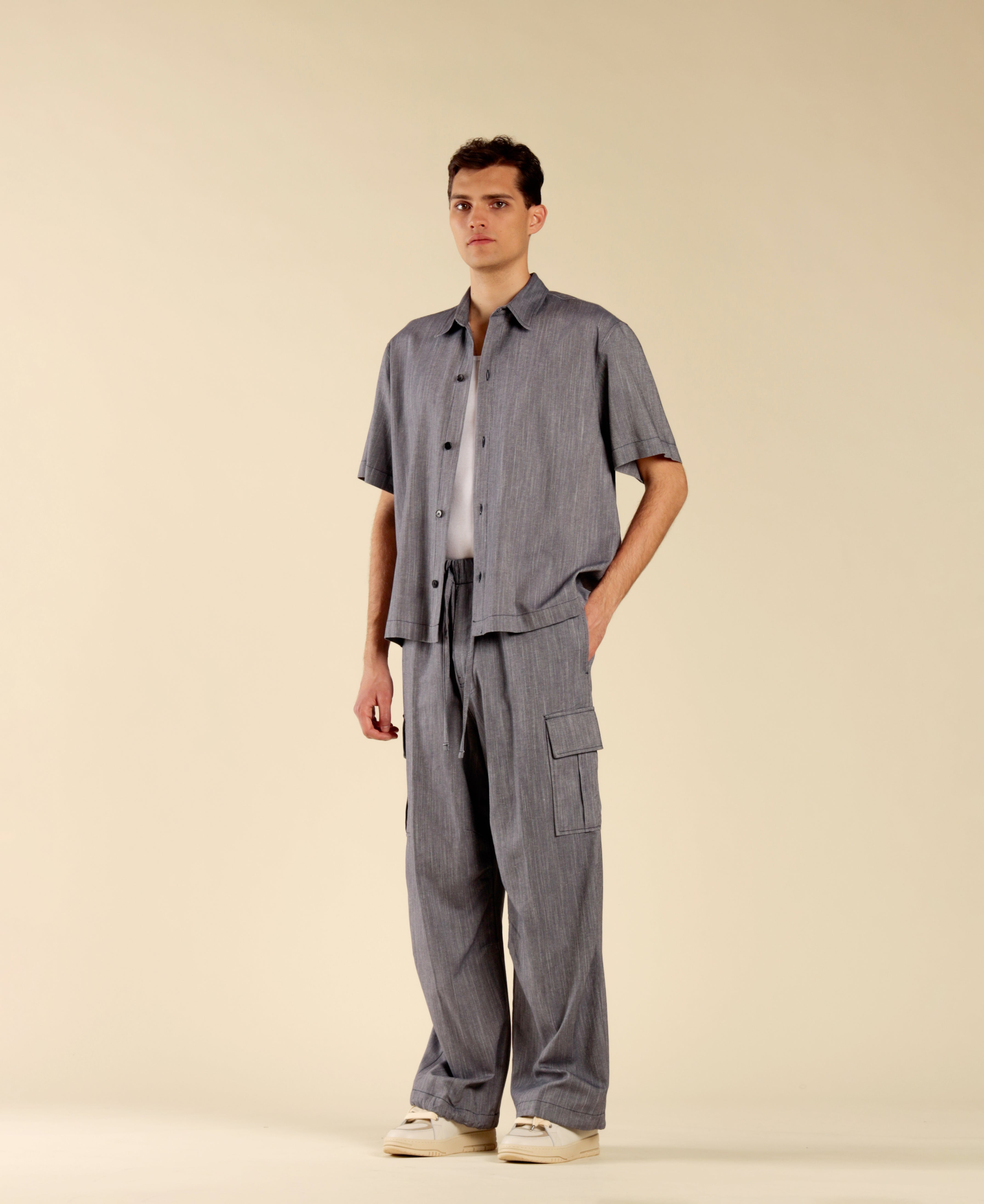 Pantalon cargo en coton et lin effet denim - Bleu