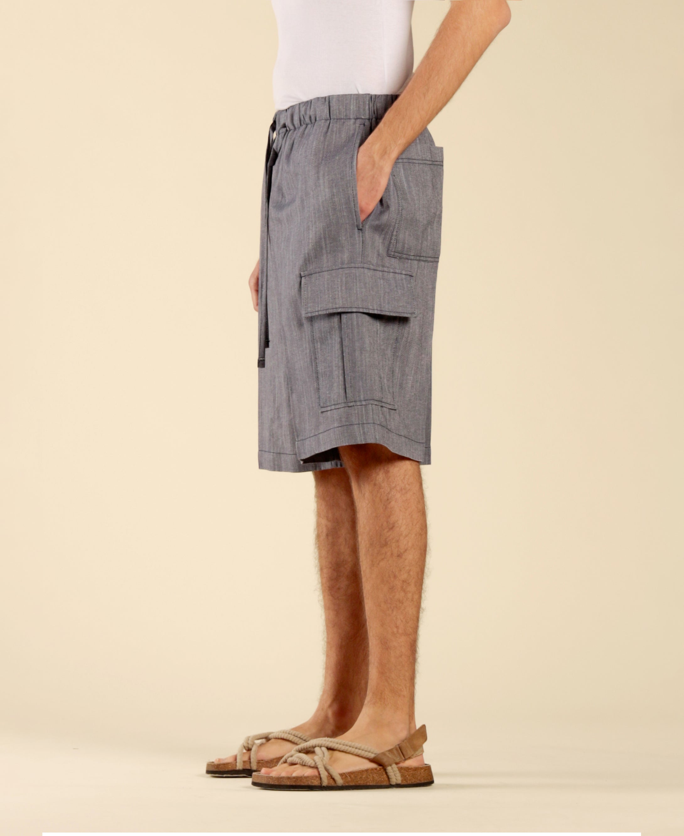 Bermuda en coton et lin effet denim - Bleu