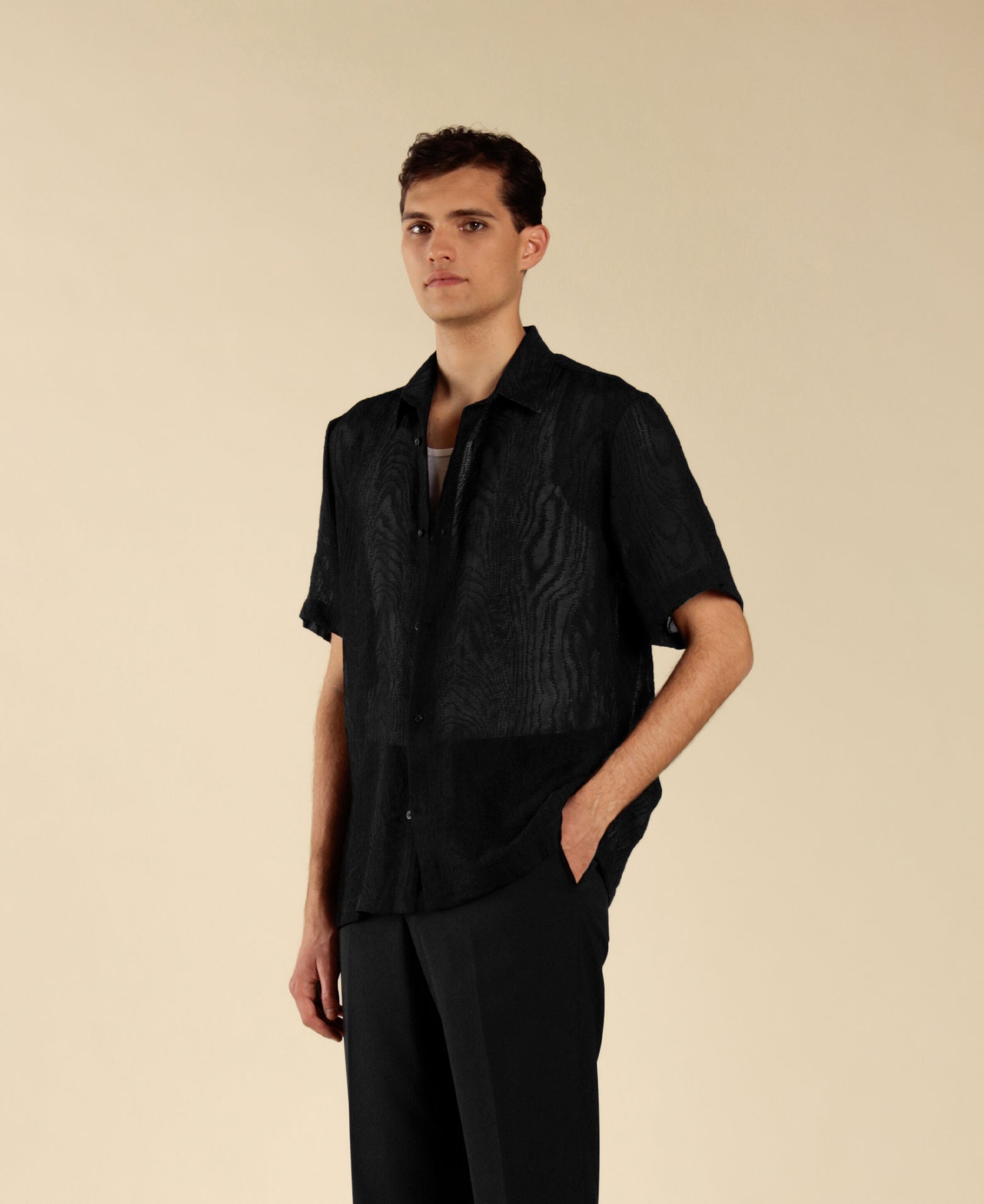 Chemise jacquard à manches courtes - Noire
