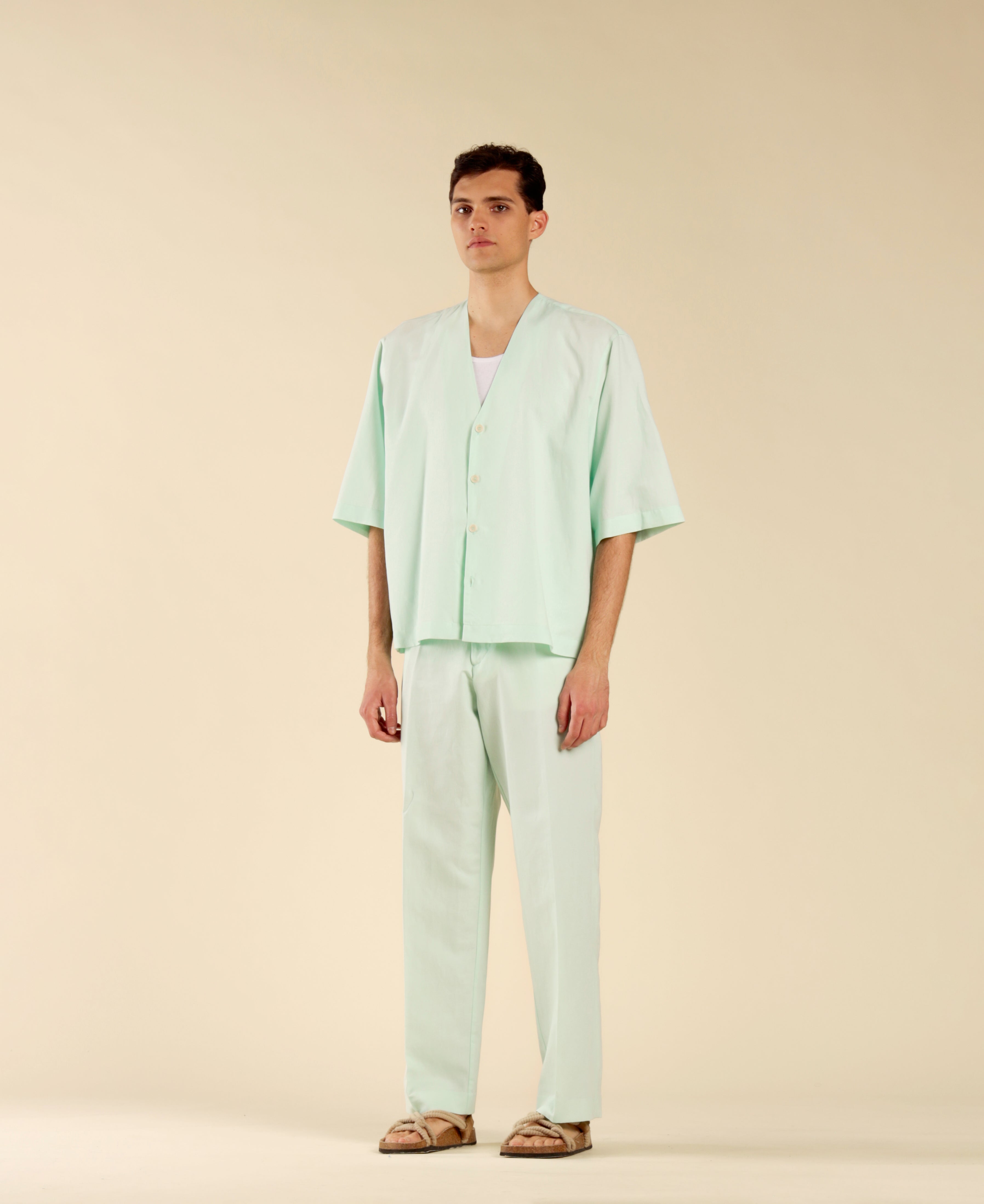 Pantalon large en lin et coton - Vert