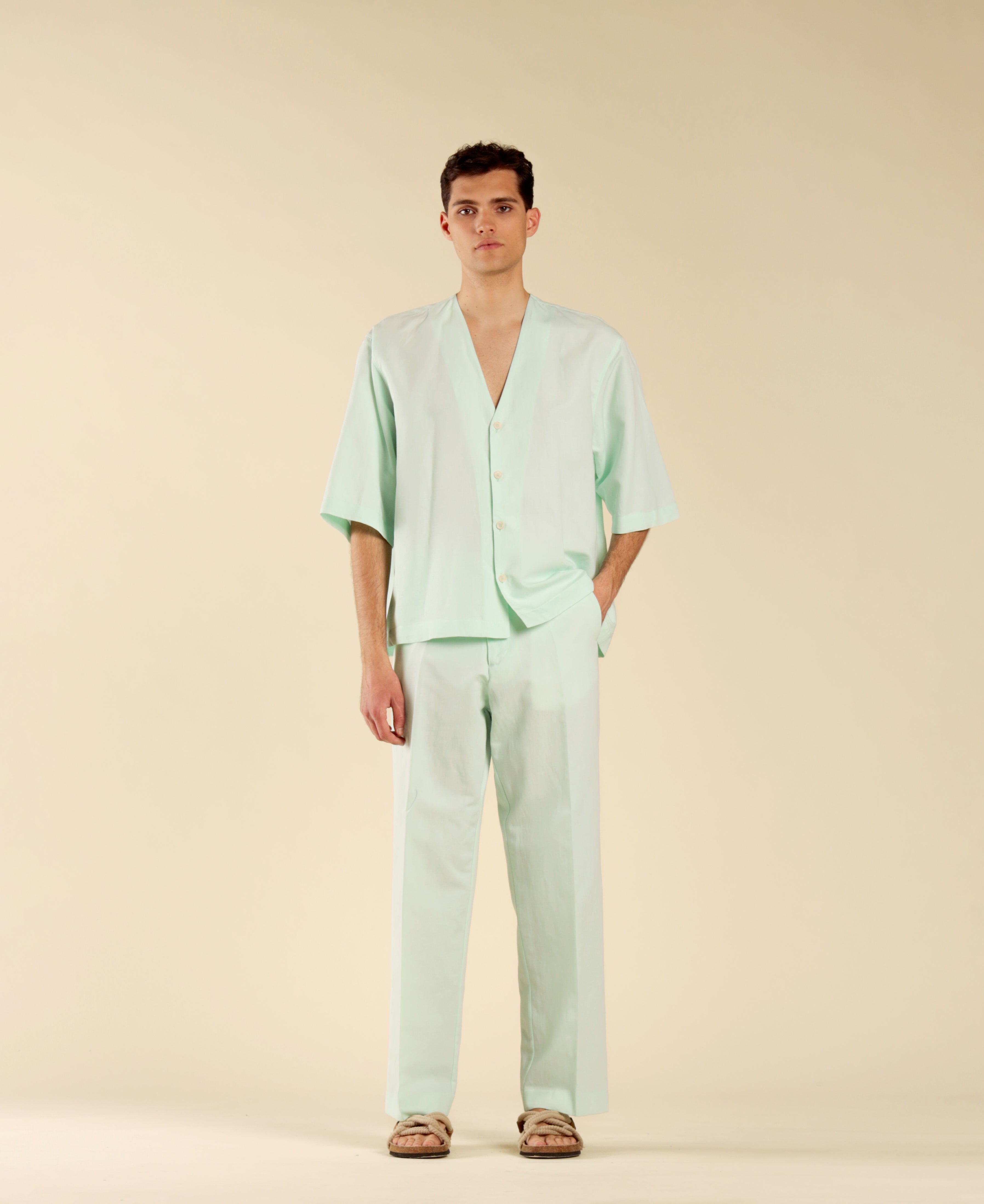 Pantalon large en lin et coton - Vert