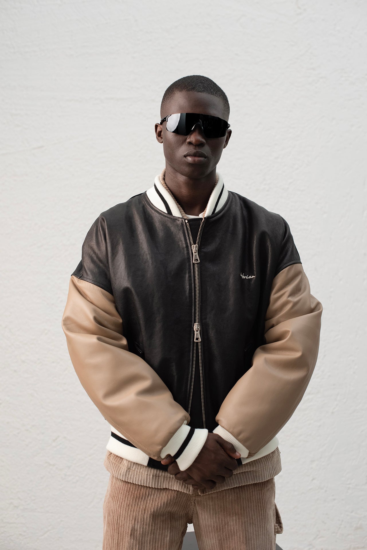 Bomber oversize in pelle - Nero/Taupe