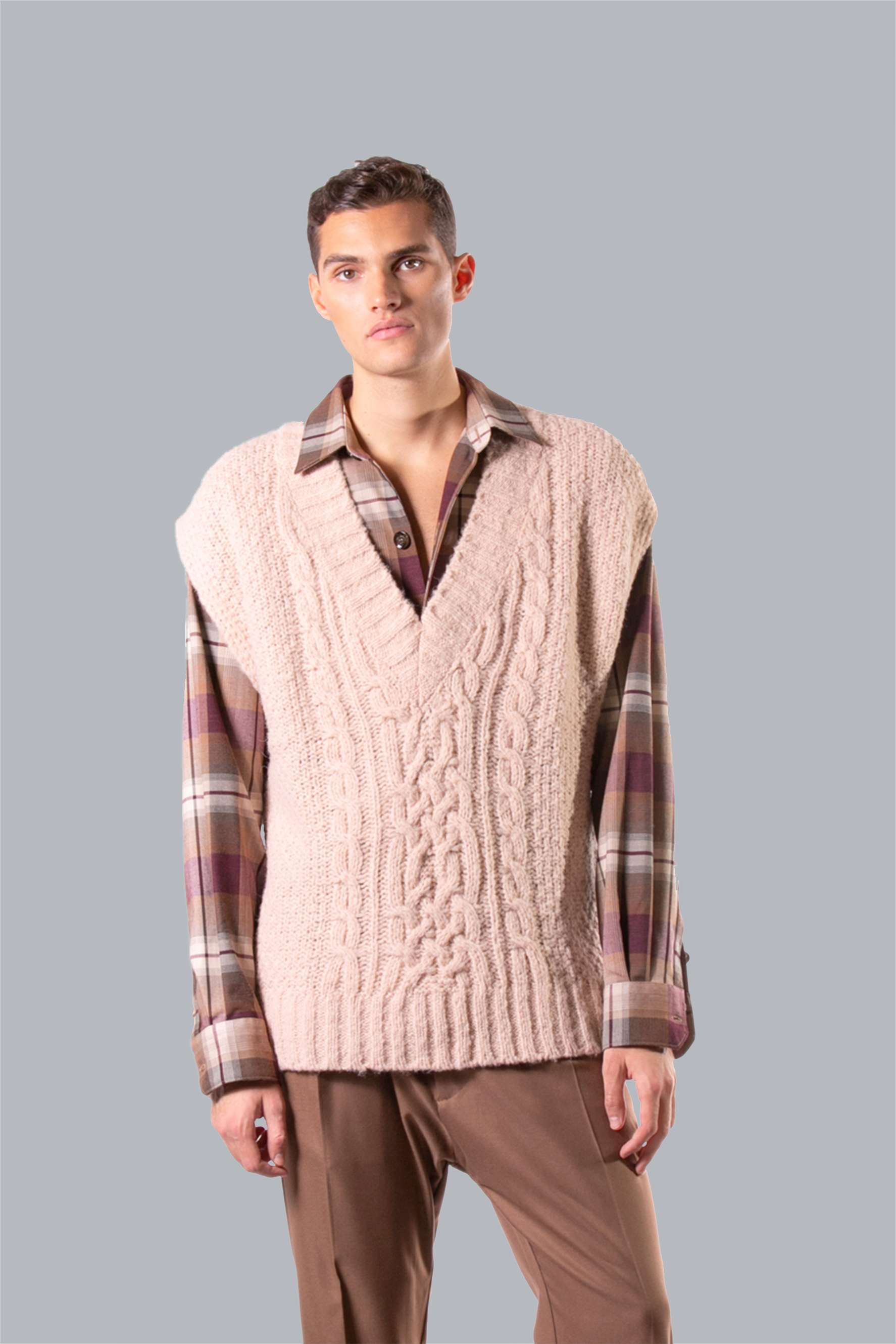 Pull sans manches en maille à col pointu, en laine mélangée - Rose poudré