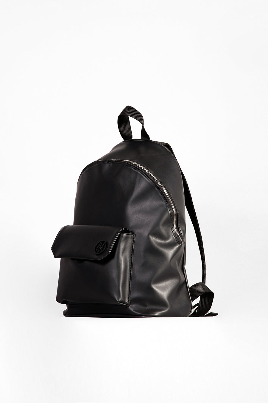 Eco-leather backpack with matt black metal logo