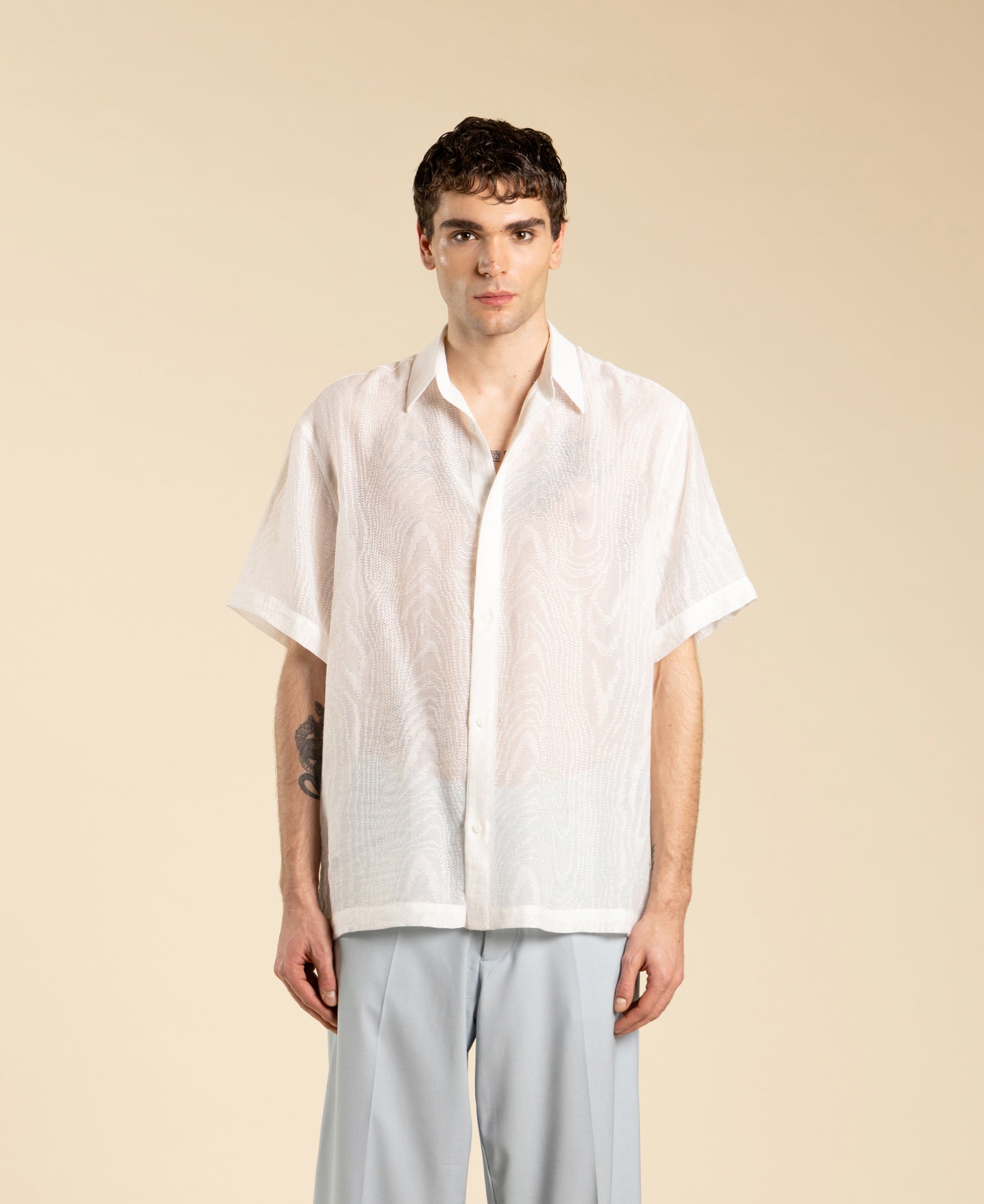 Camicia jacquard maniche corte - Bianco