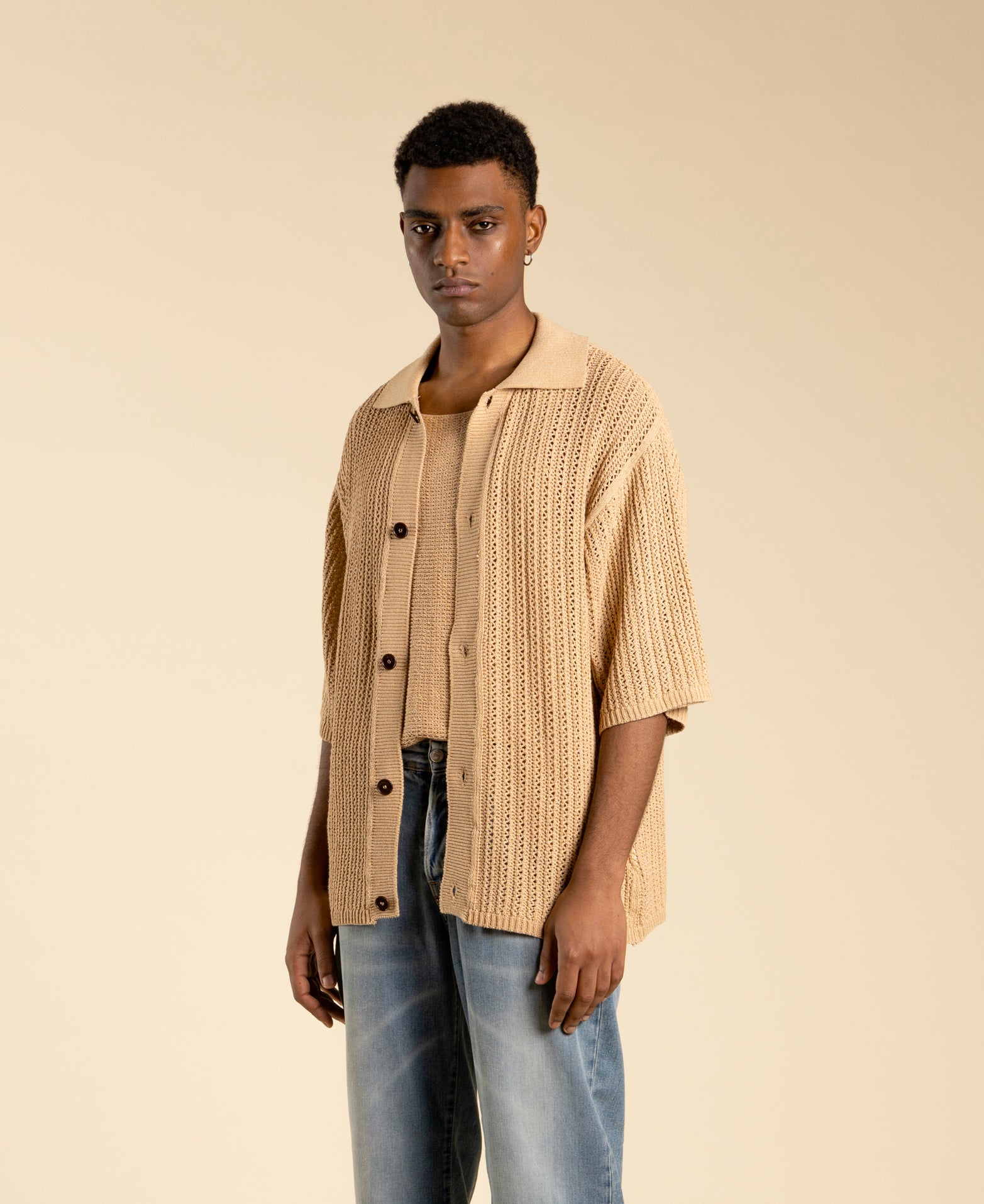 Gilet oversize en maille ajourée - Beige