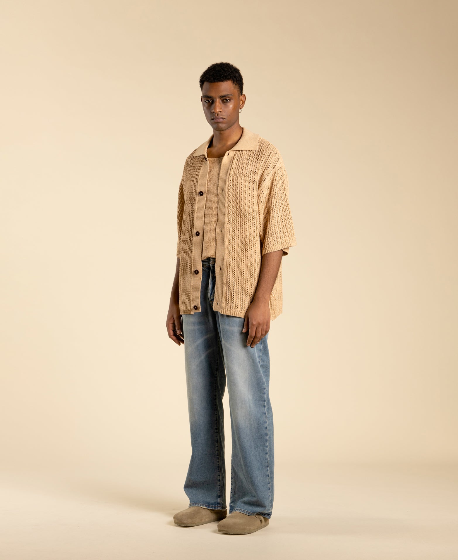 Gilet oversize en maille ajourée - Beige