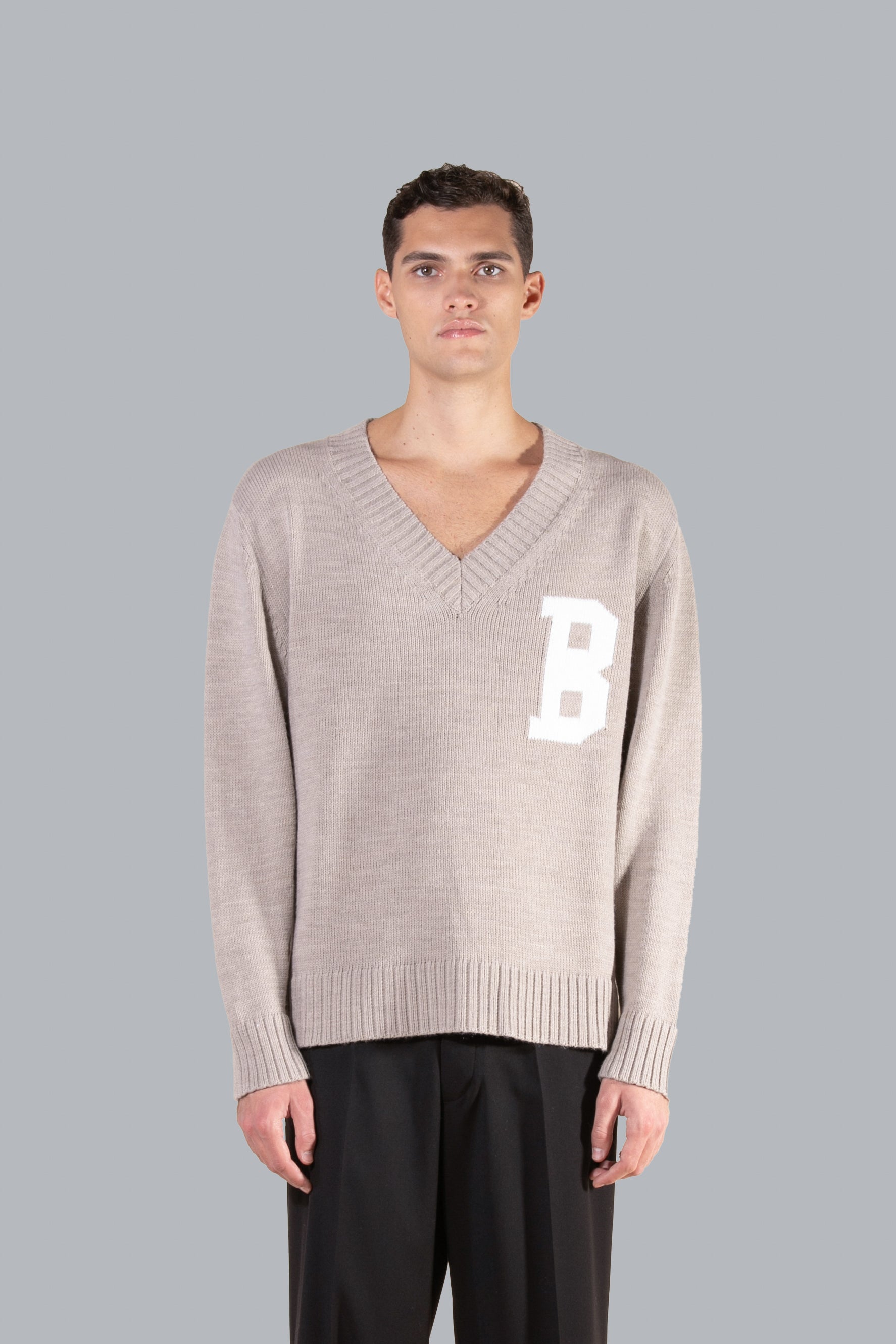 Pull col V en laine mélangée - Beige