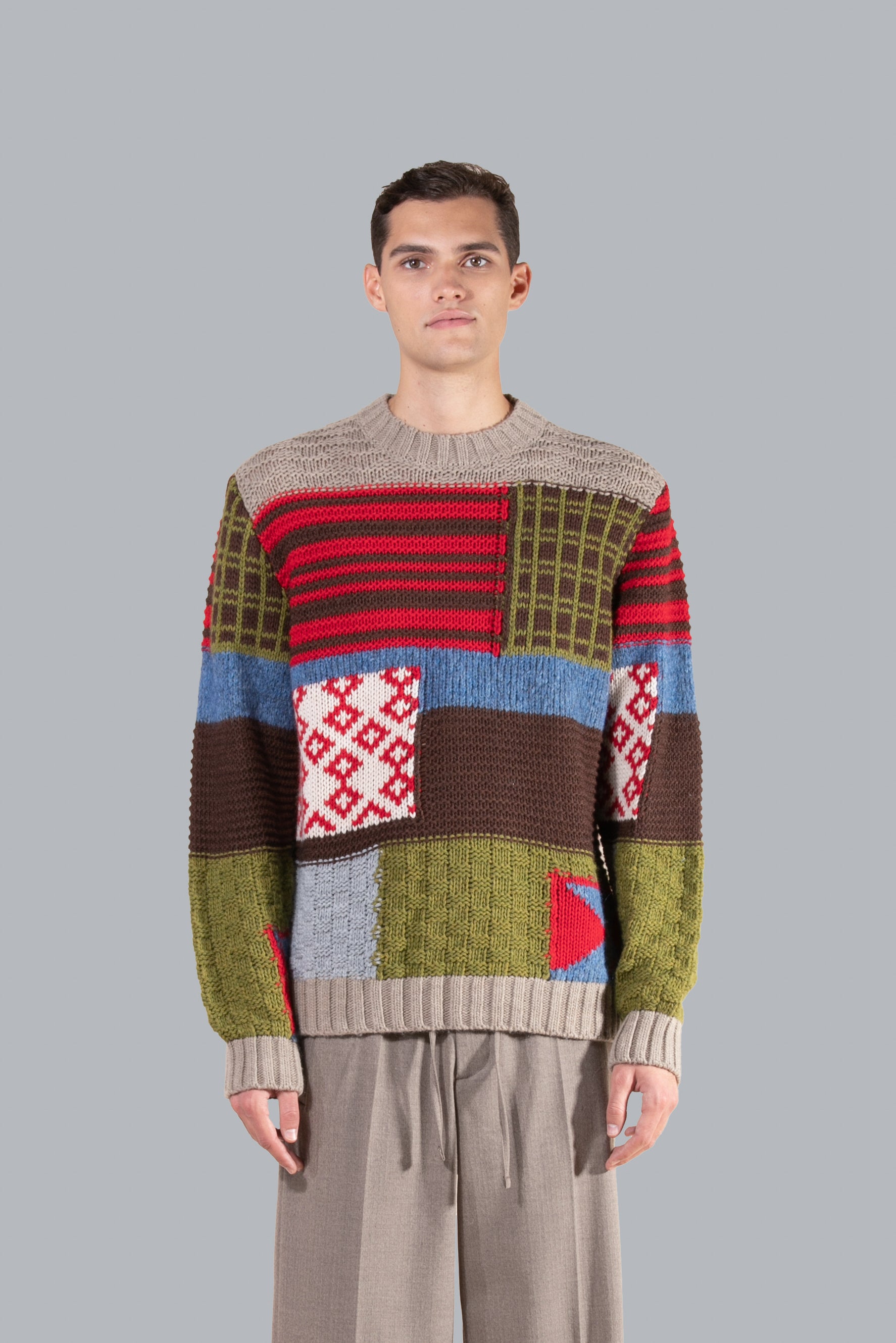 Pull patchwork à col rond en laine mélangée