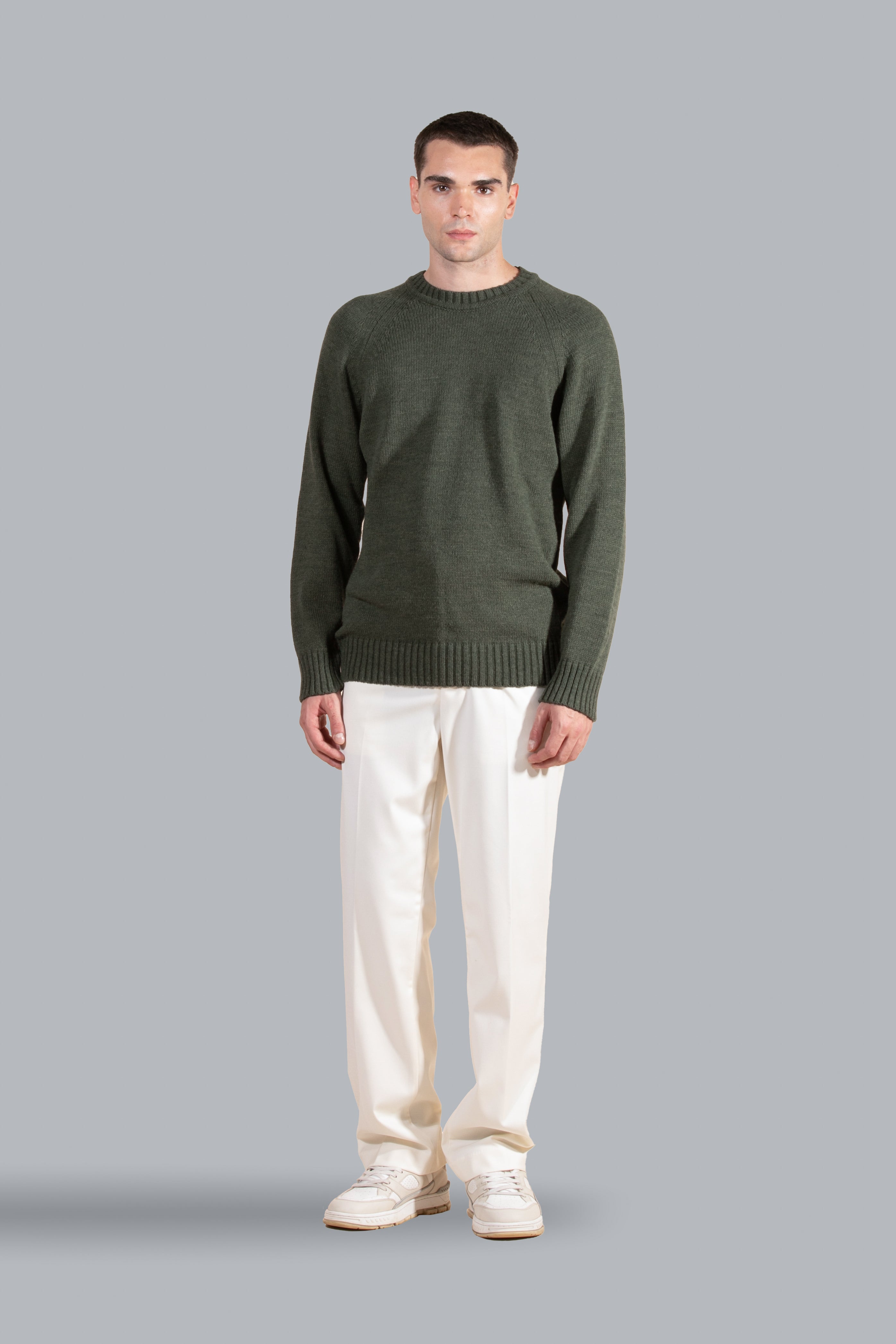 Pull col rond en laine mélangée - Vert militaire